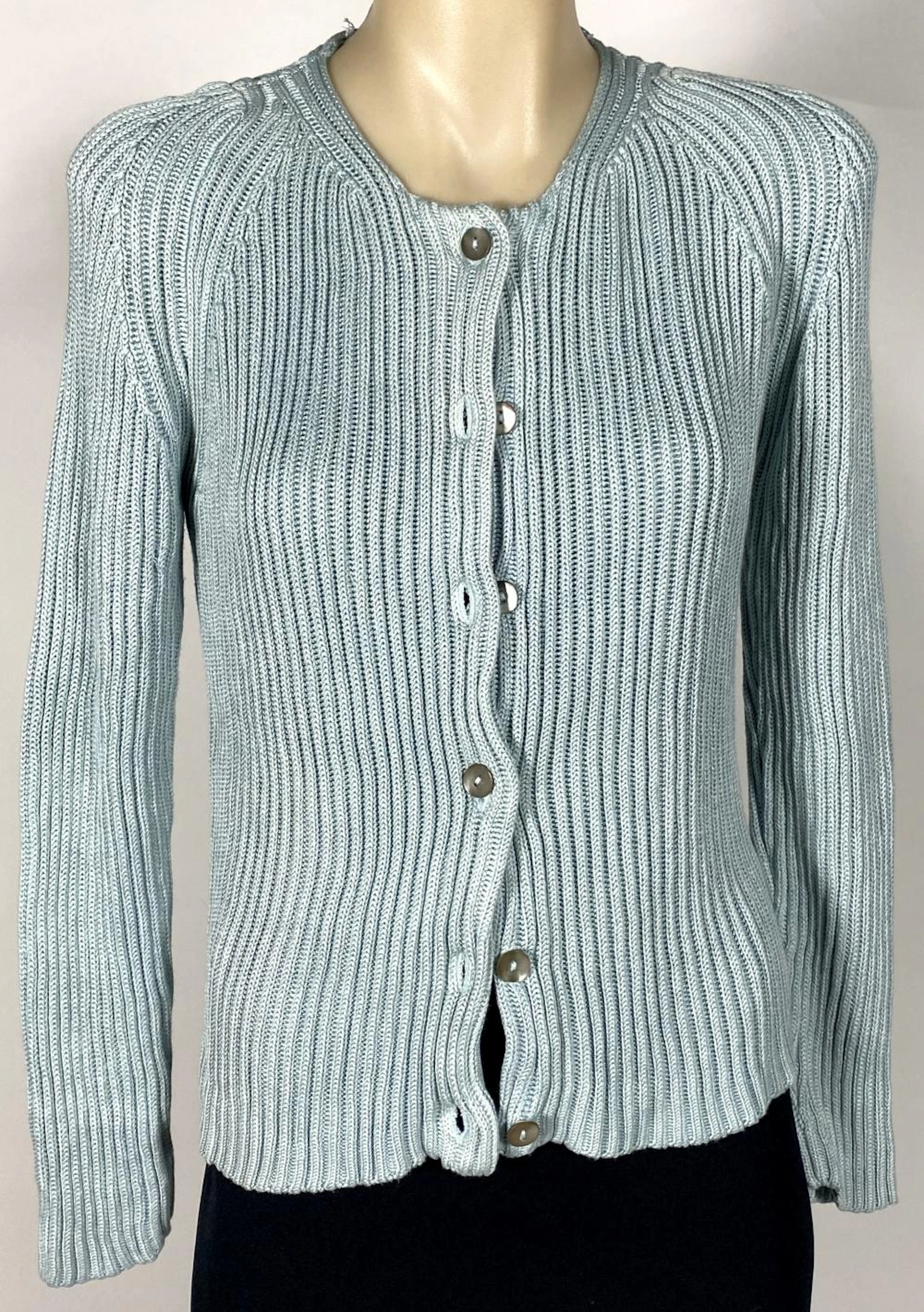 Adrienne Vittadini, Italy: Pale Blue Silk Rib Knit Cardiga