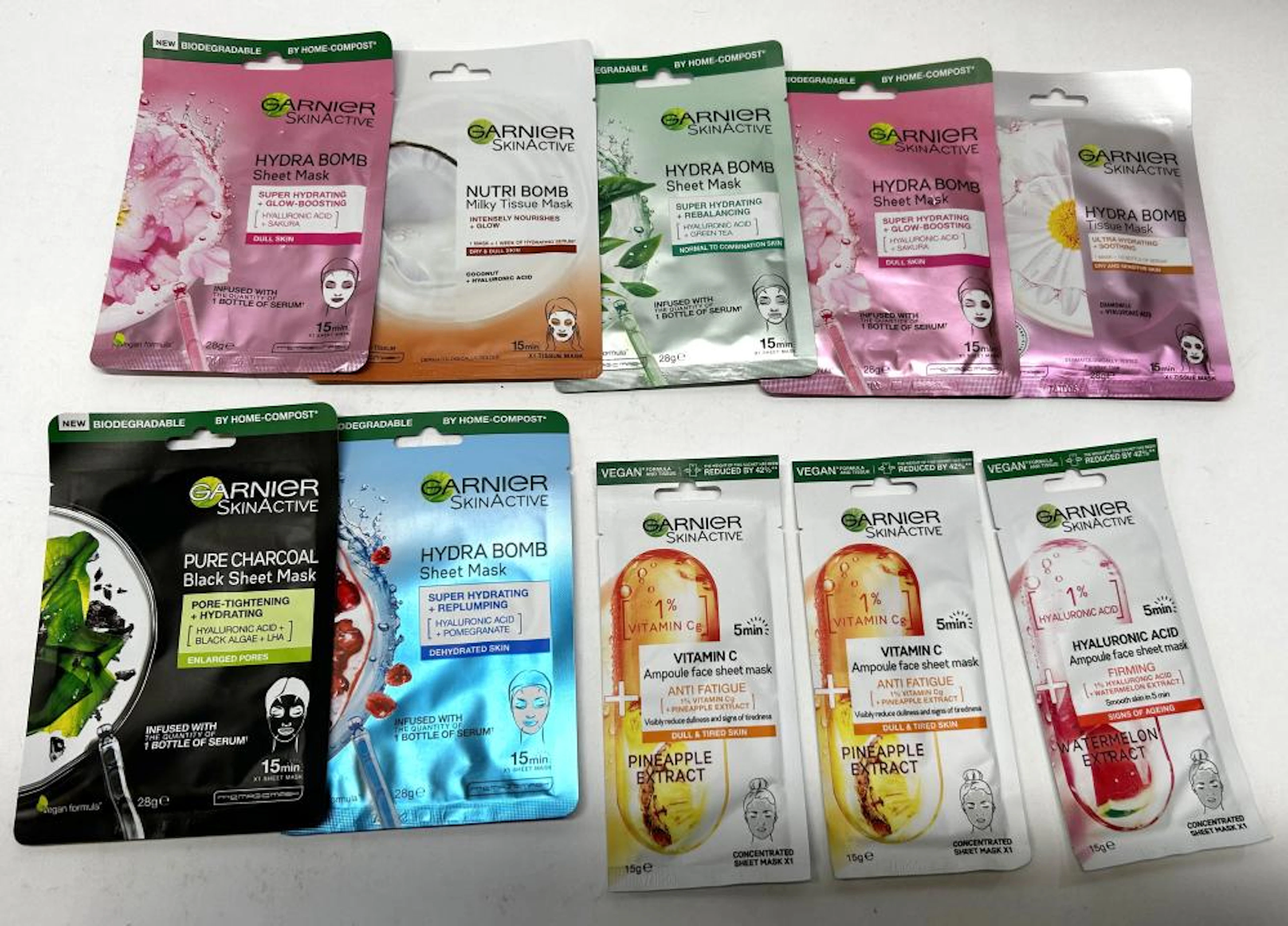 Ten Assorted Face Masks Marked Garnier