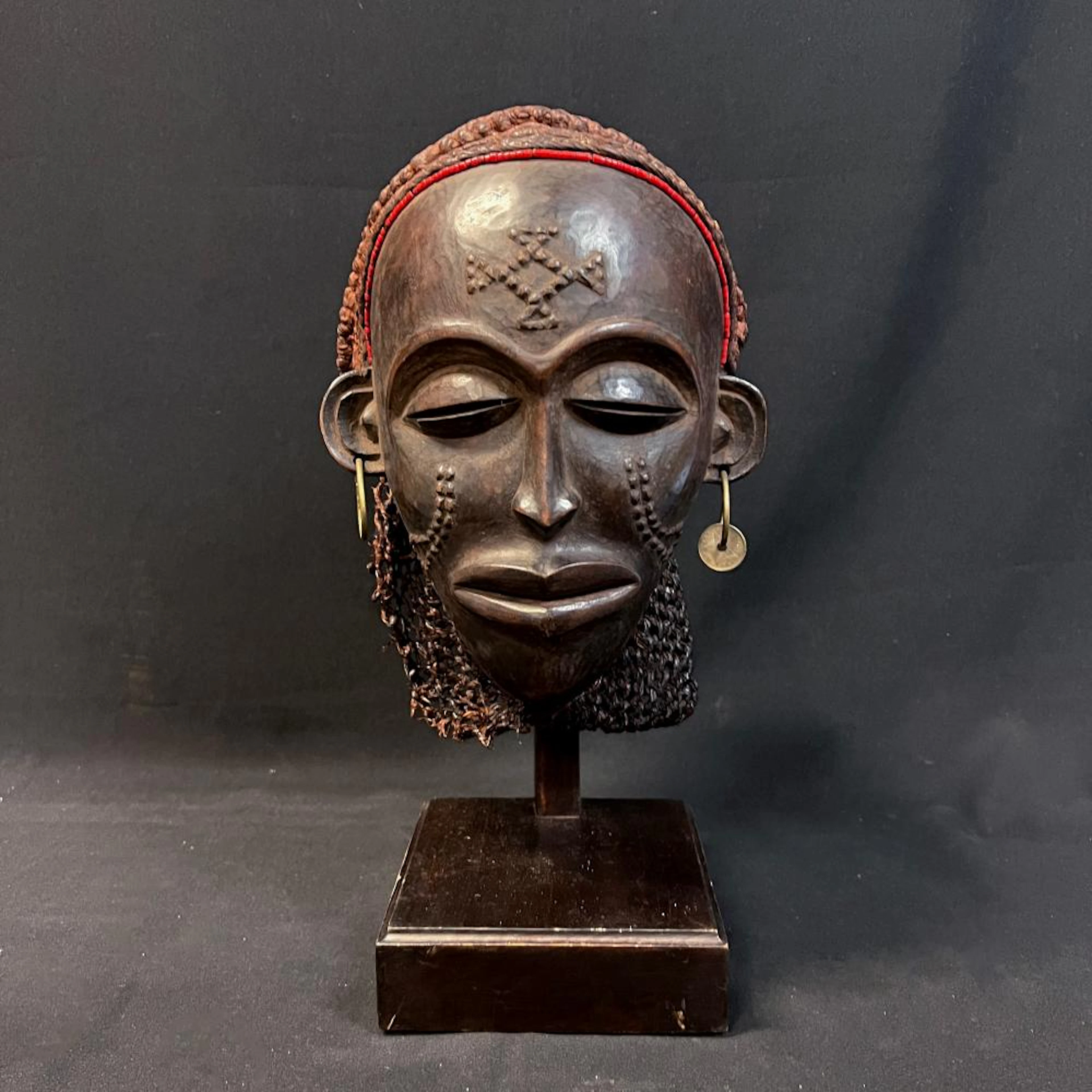 An African Mask with Coin Earring, Marked Belgium 1911, Zaire