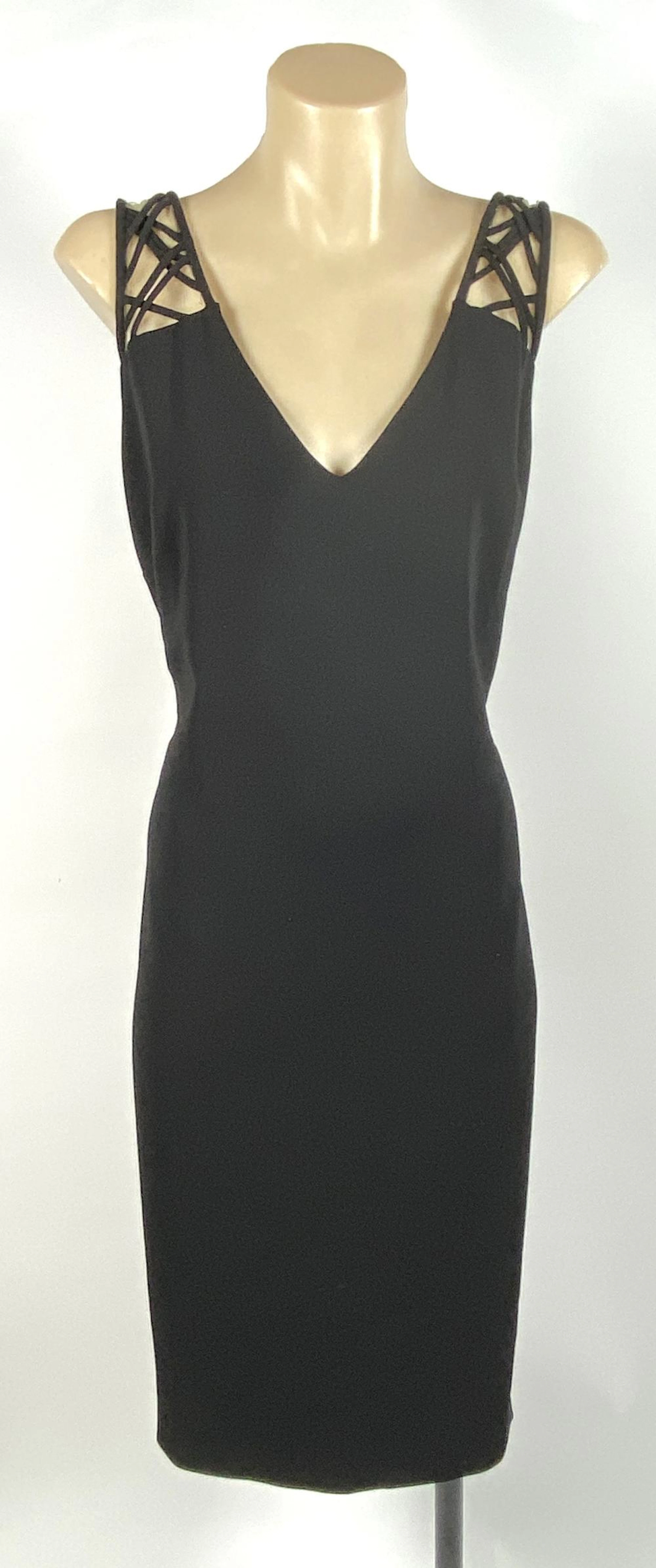 Badgley Mischka Collection: Black V-Neck Cocktail Dress, Decorative Straps