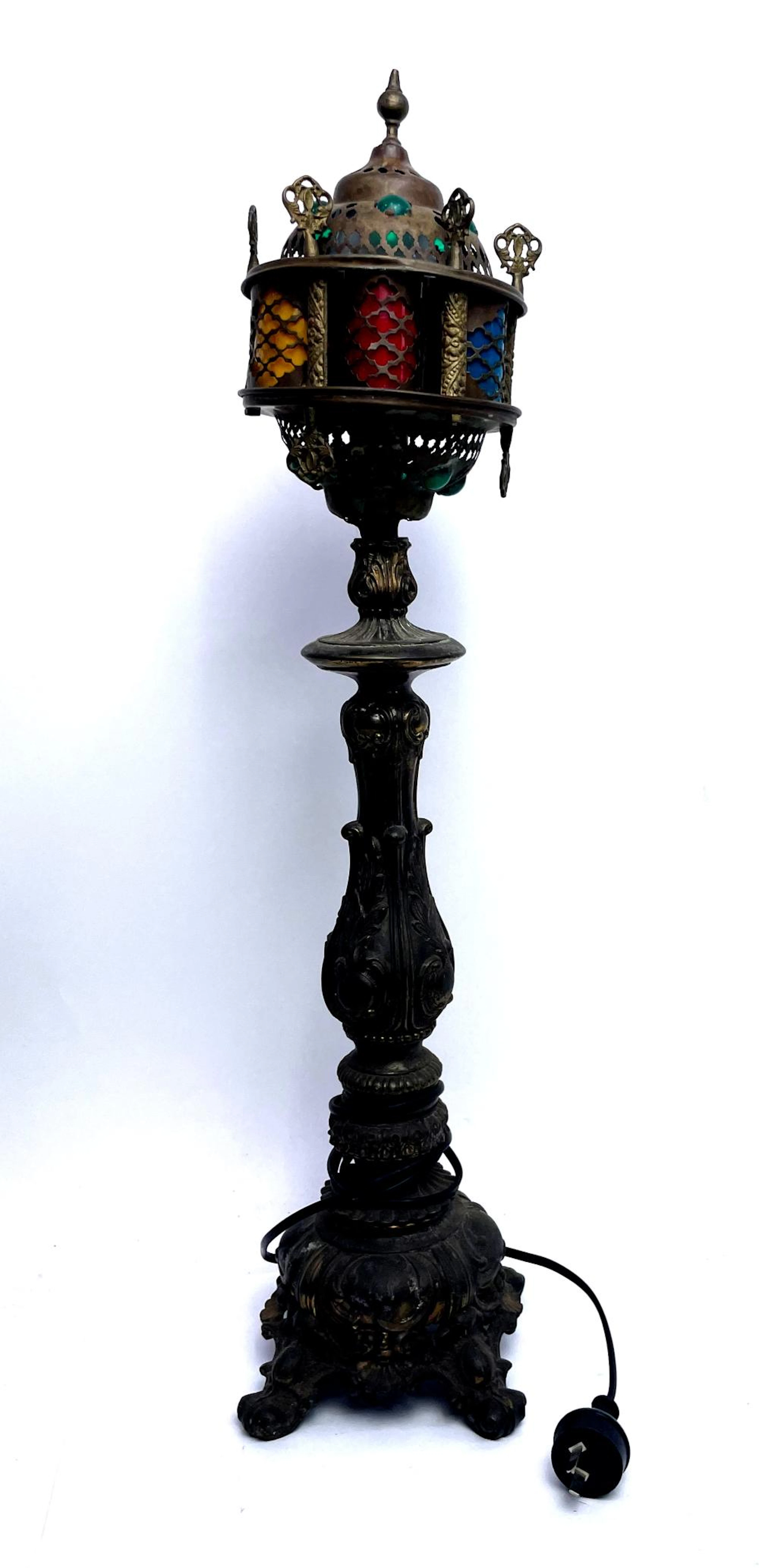 A Tall Vintage Turkish Brass Table Lamp with Coloured Shade Detail