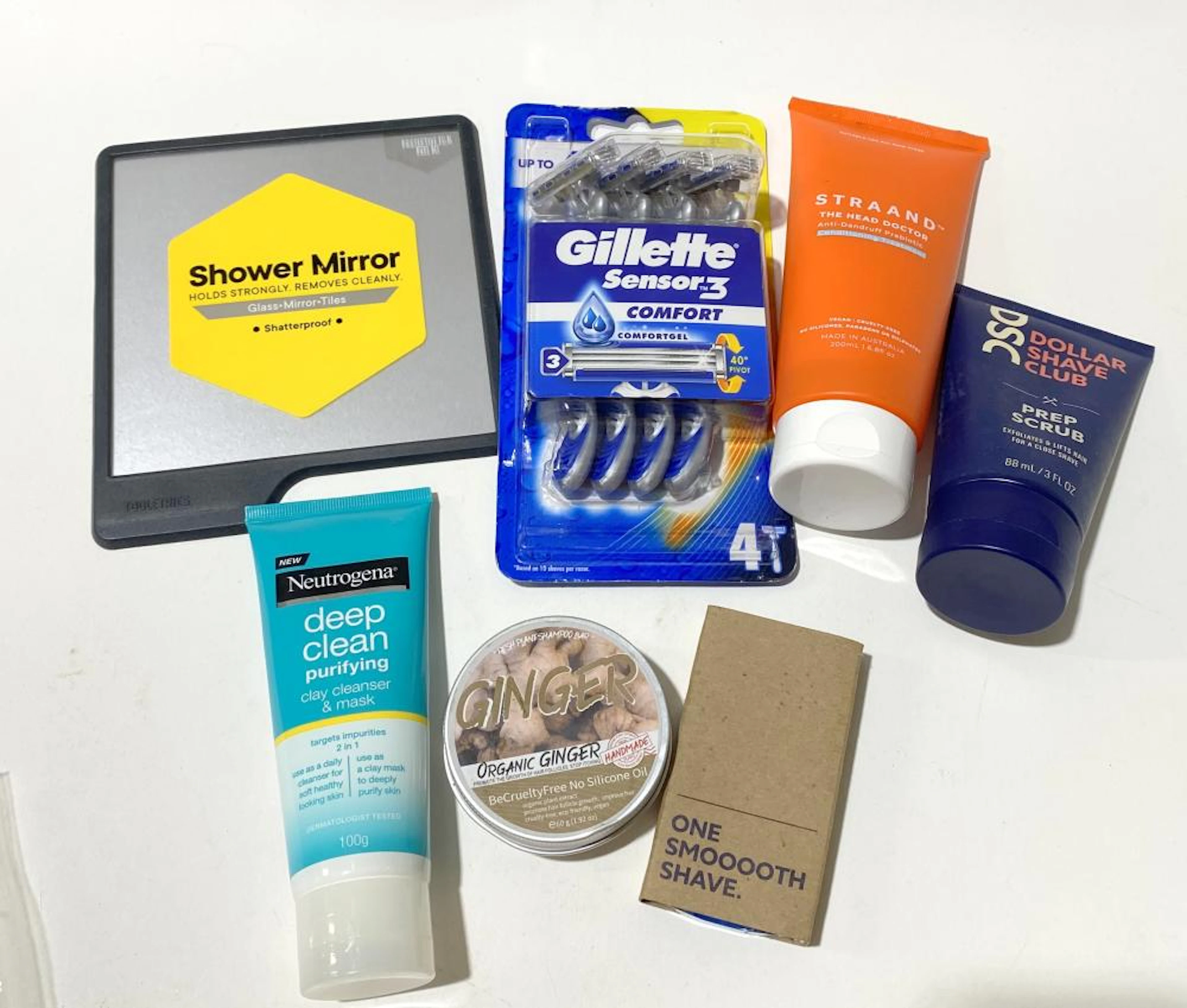 A group of men's products including shower mirror