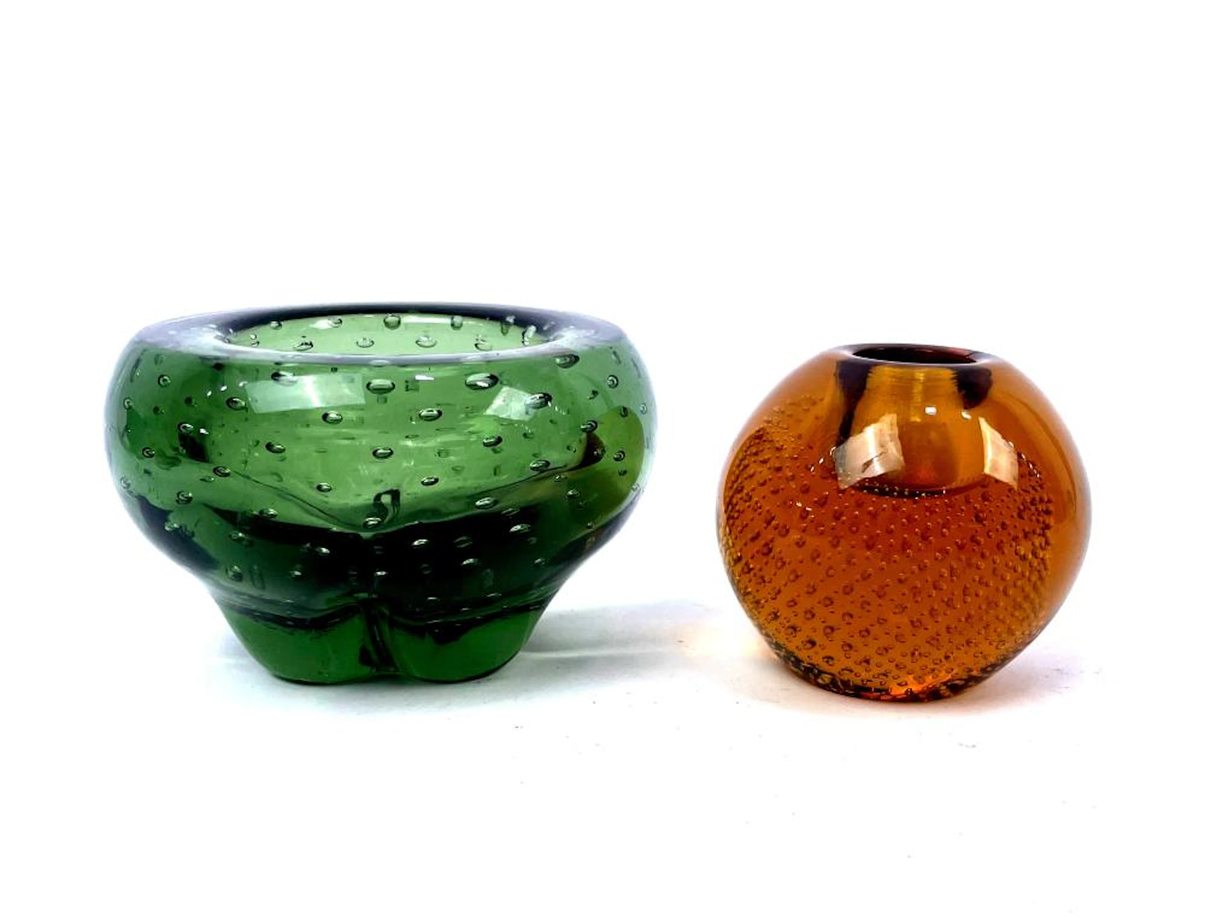 An Art Glass Green Footed Bowl & an Ovid Amber Glass Candle Holder