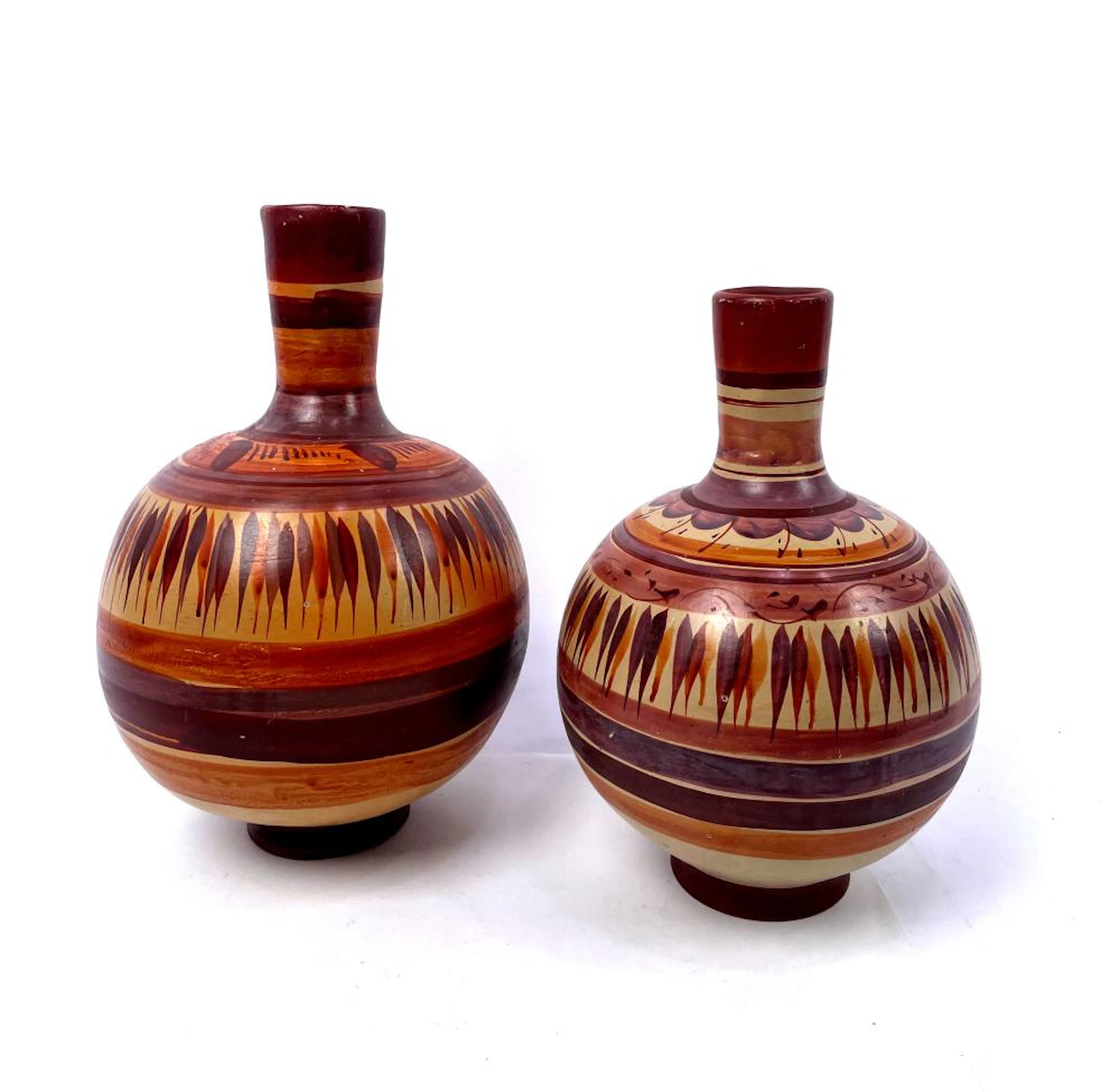 Two Vintage Mexican Hand Painted Cantarito Terracotta Wine Carafes