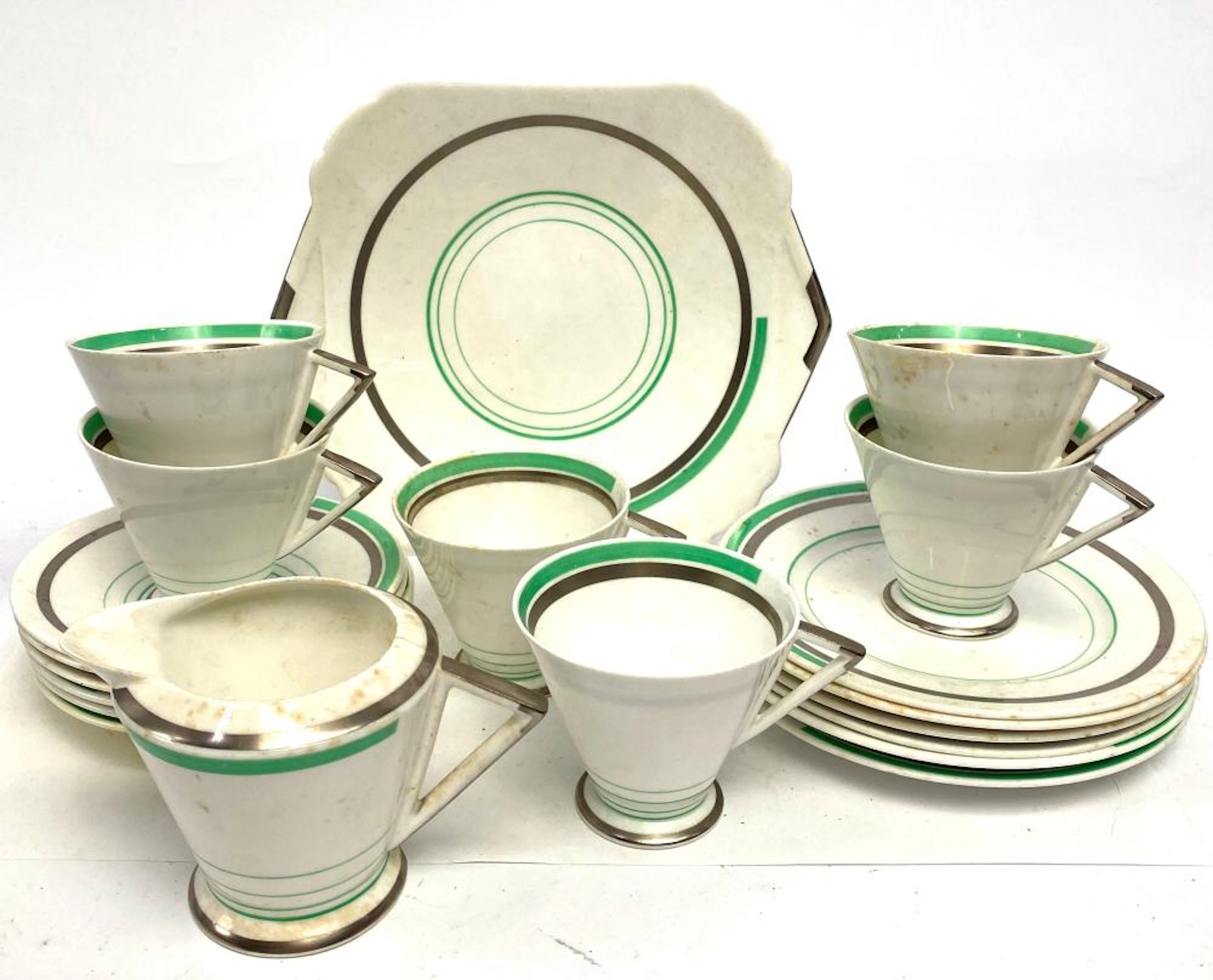 A Shelley Art Deco Tea Service in Green & Silver