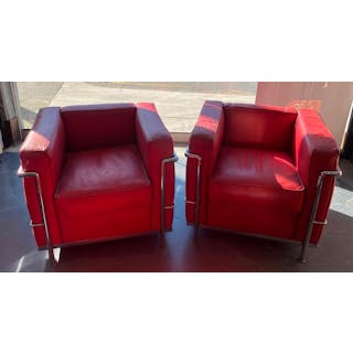 A Pair Of Replica Le Corbusier Red Vinyl & Chrome Armchairs
