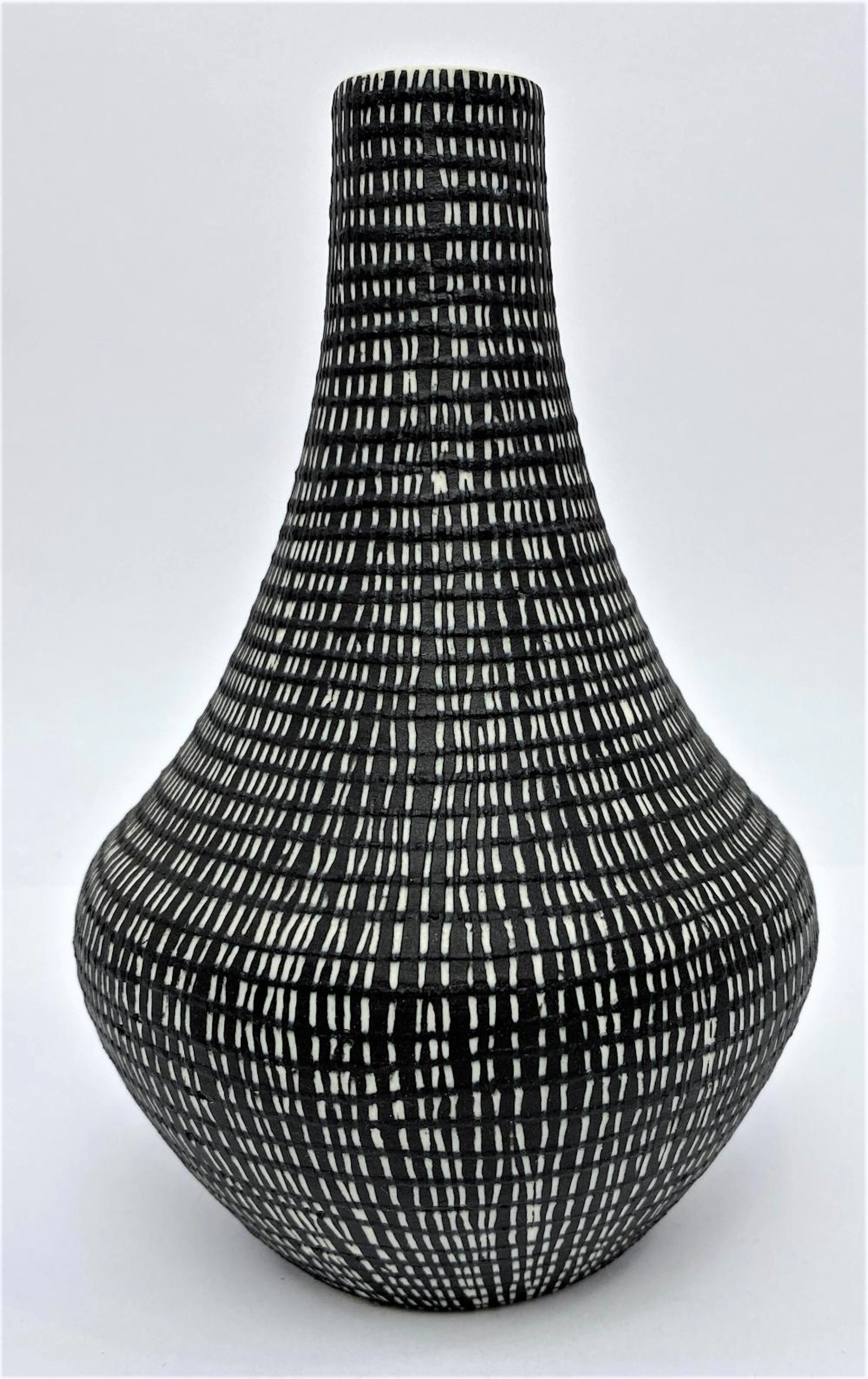 A Mid Century Black & White Blossom Vase, Celadon Glaze to Interior