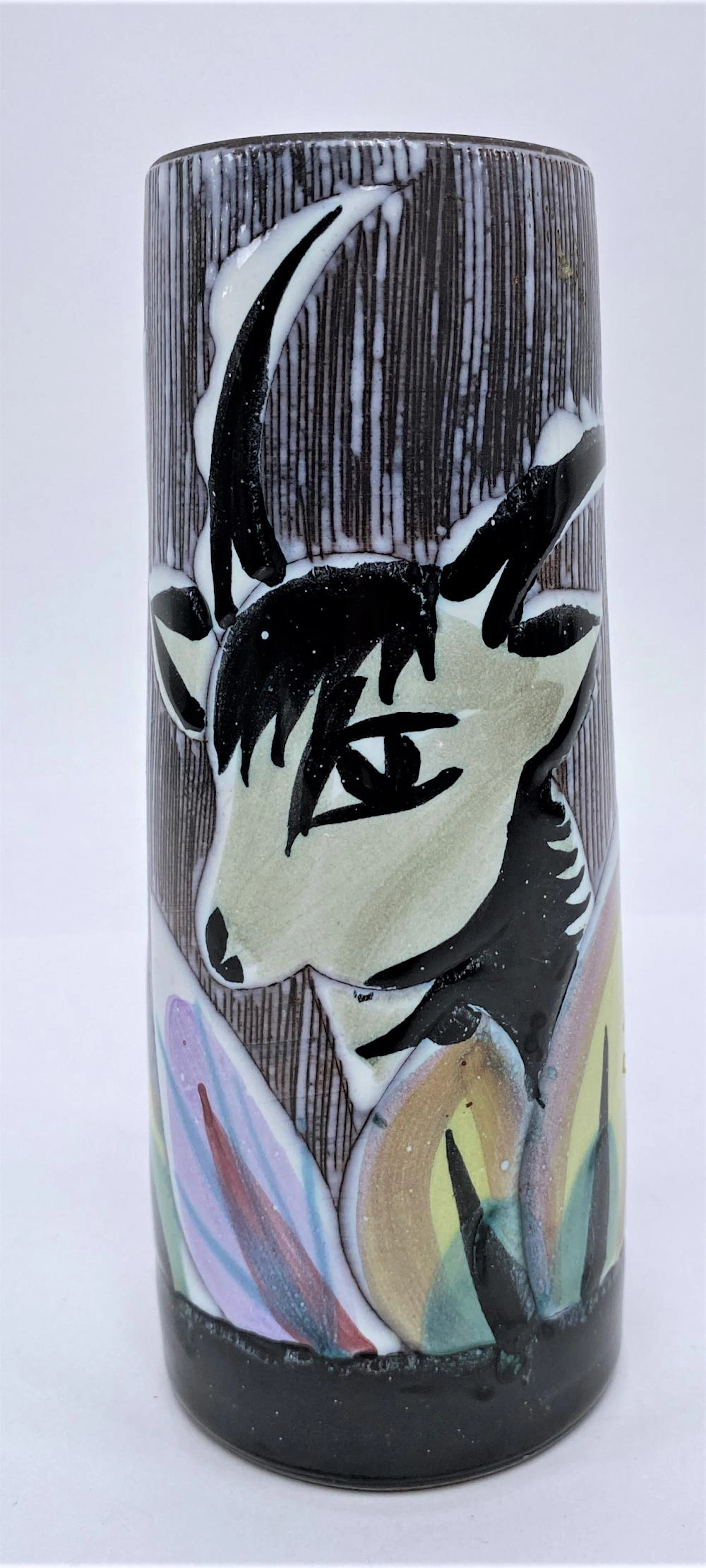A Nila, Alingsas, Sweden, Mid Century Glazed Deer Motif Cylinder Vase