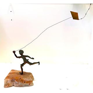 A Bronze & Copper Sculpture of a Boy with his Kite, Stone Plinth