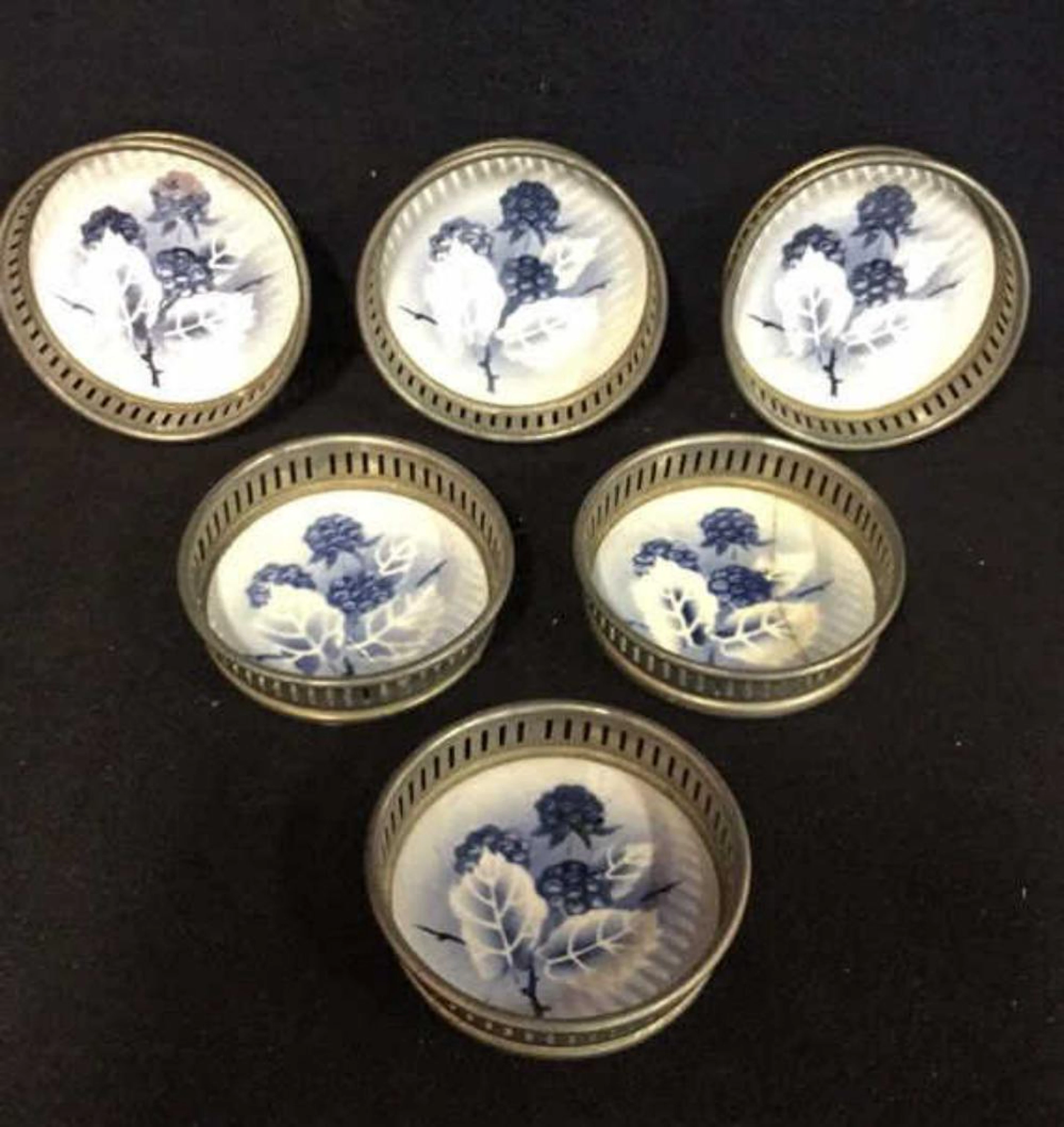 Set Of 6 Antique Porcelain & Metal Coasters