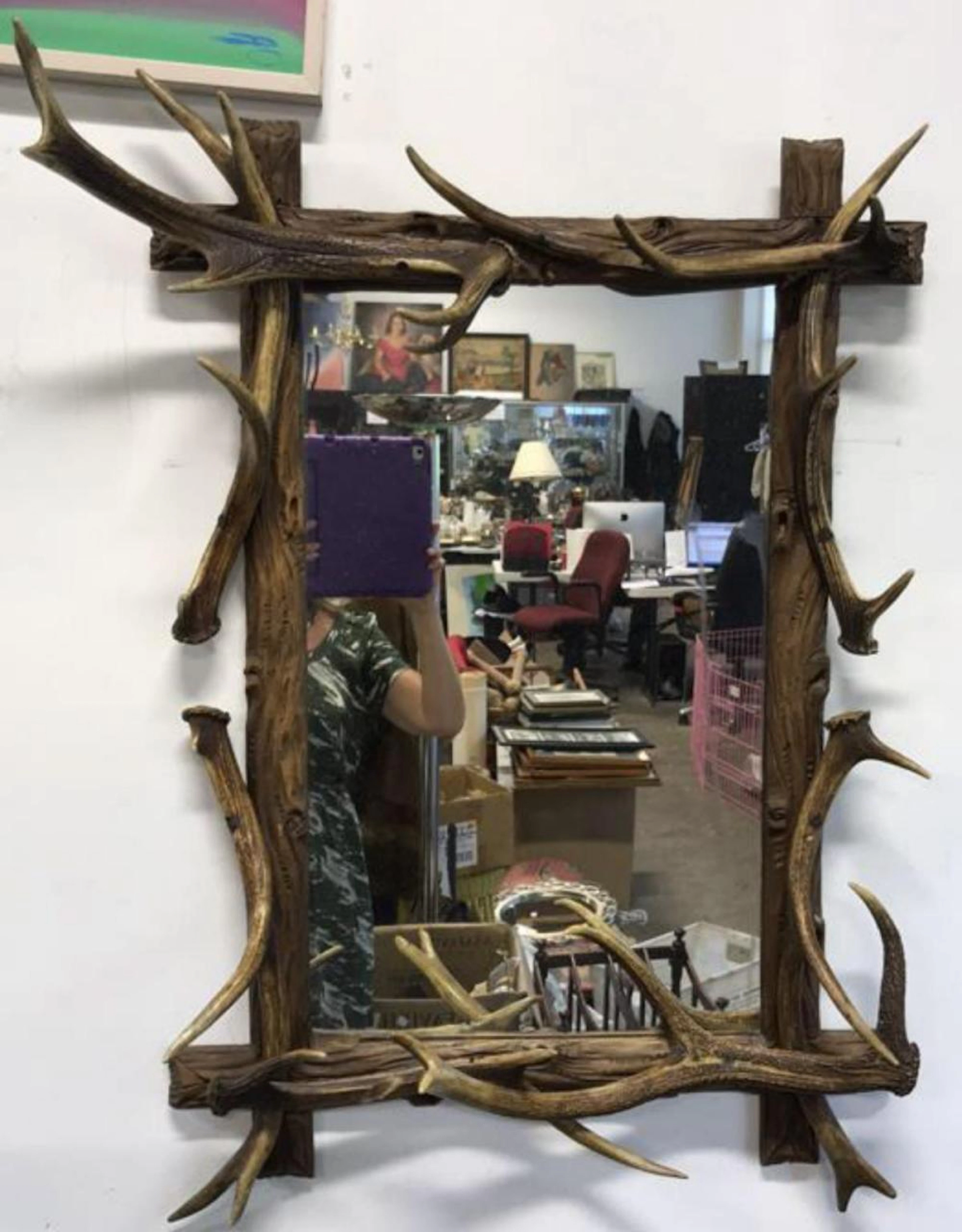 Antique Carved Wood & Stag Horn Mirror
