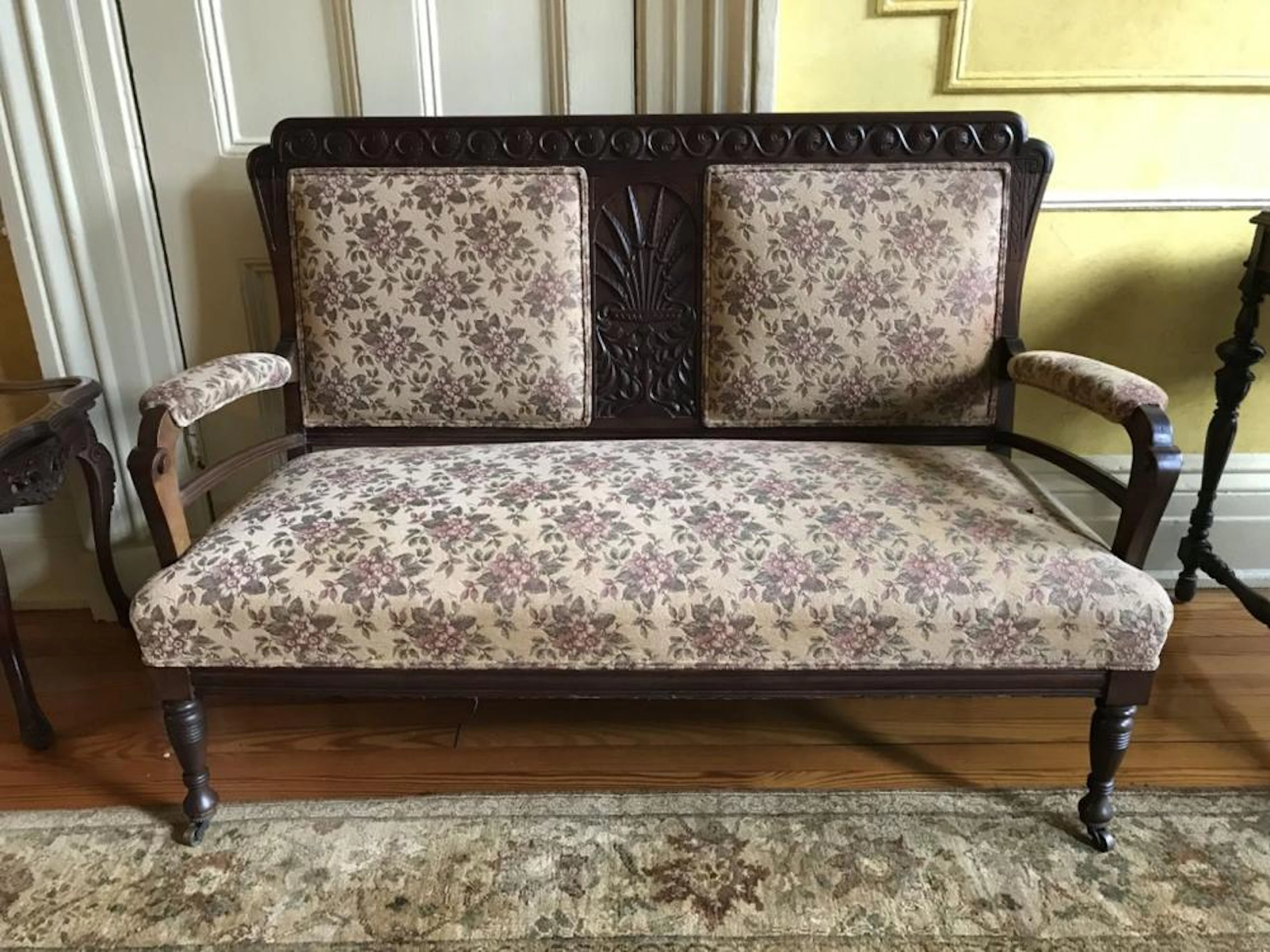 Hand Carved & Upholstered Double Chair Back Settee