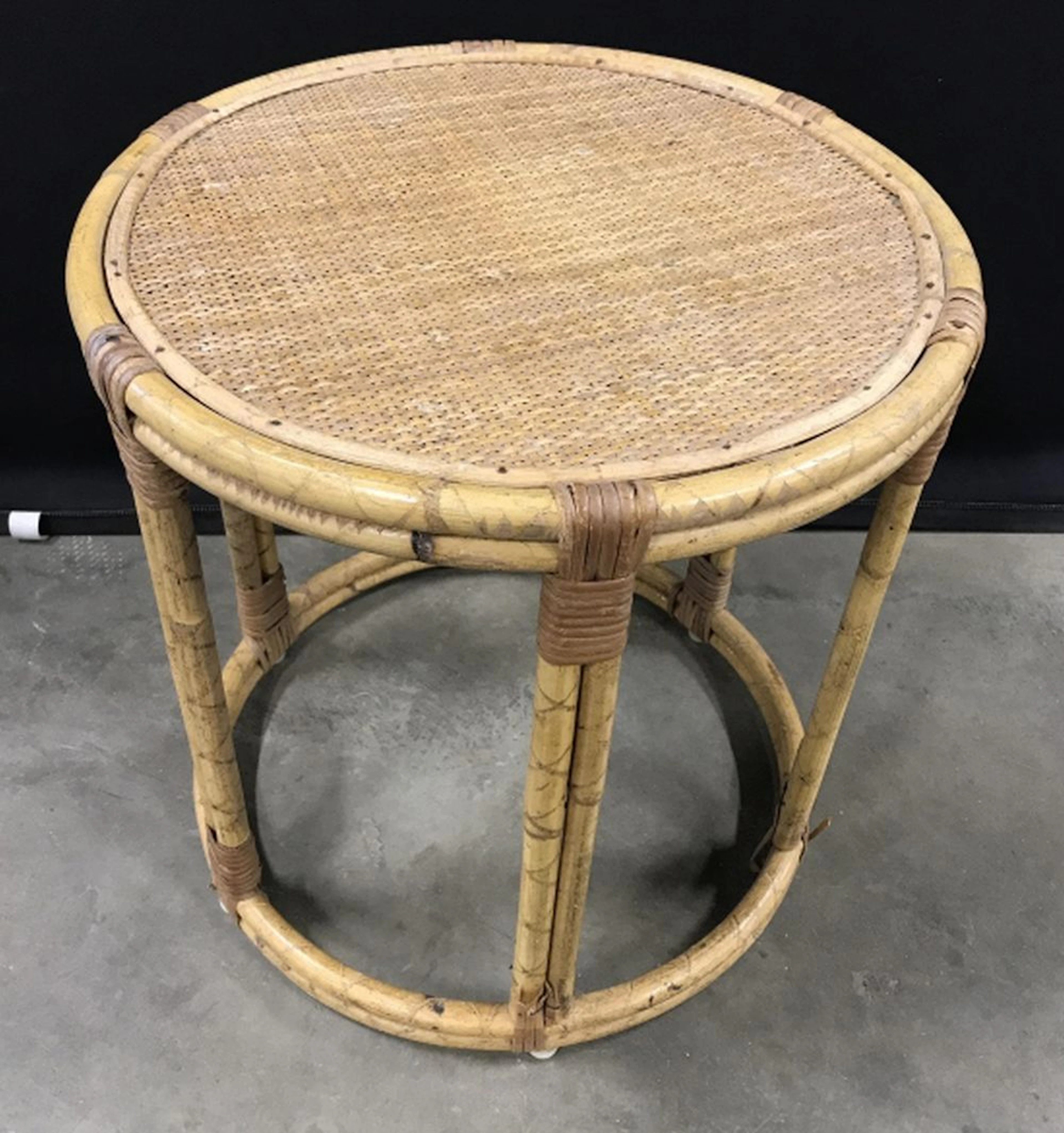 Vintage Cylindrical Bamboo & Rattan Ottoman