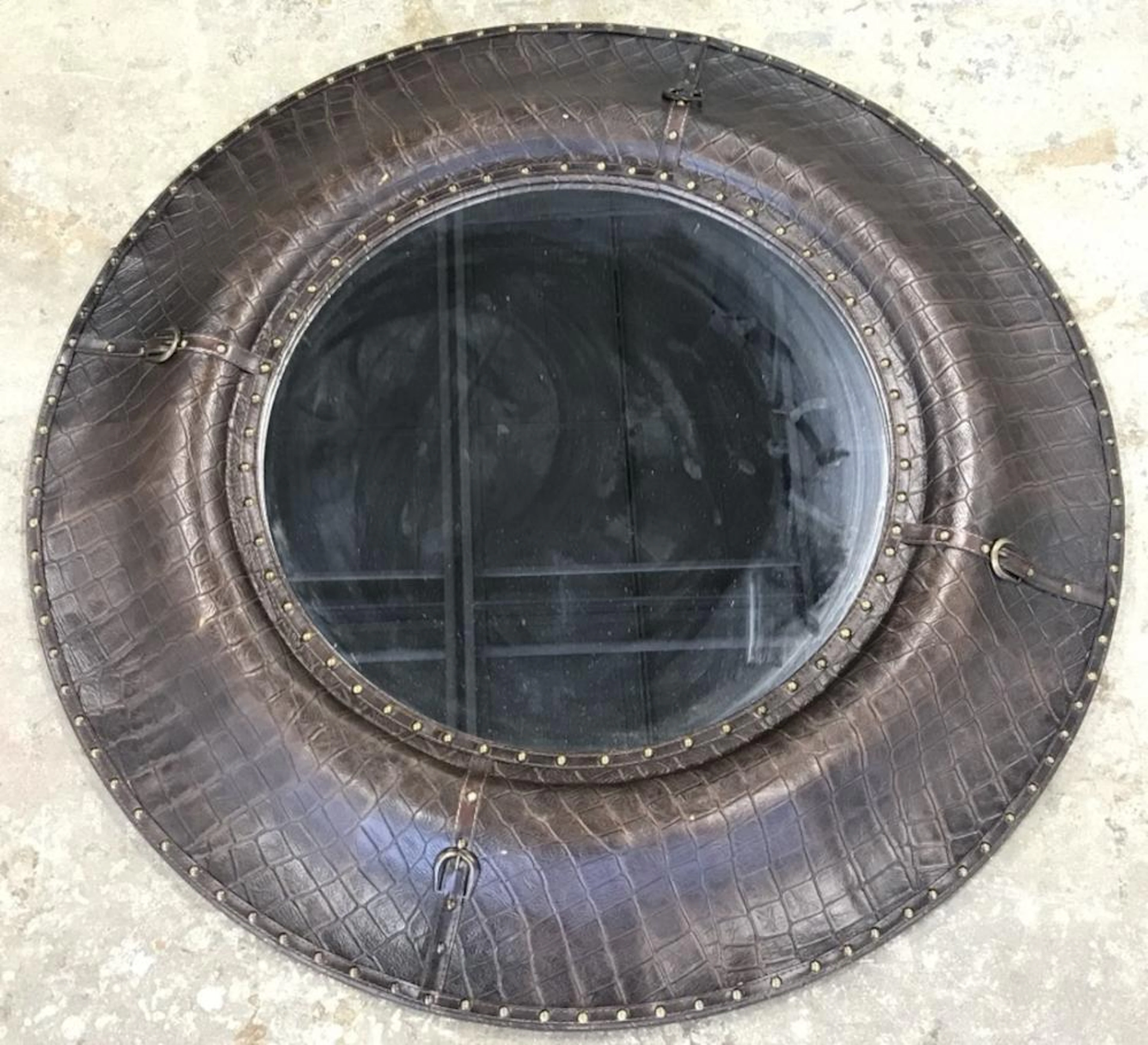 Round Mirror in Leather Style Frame W Buckles