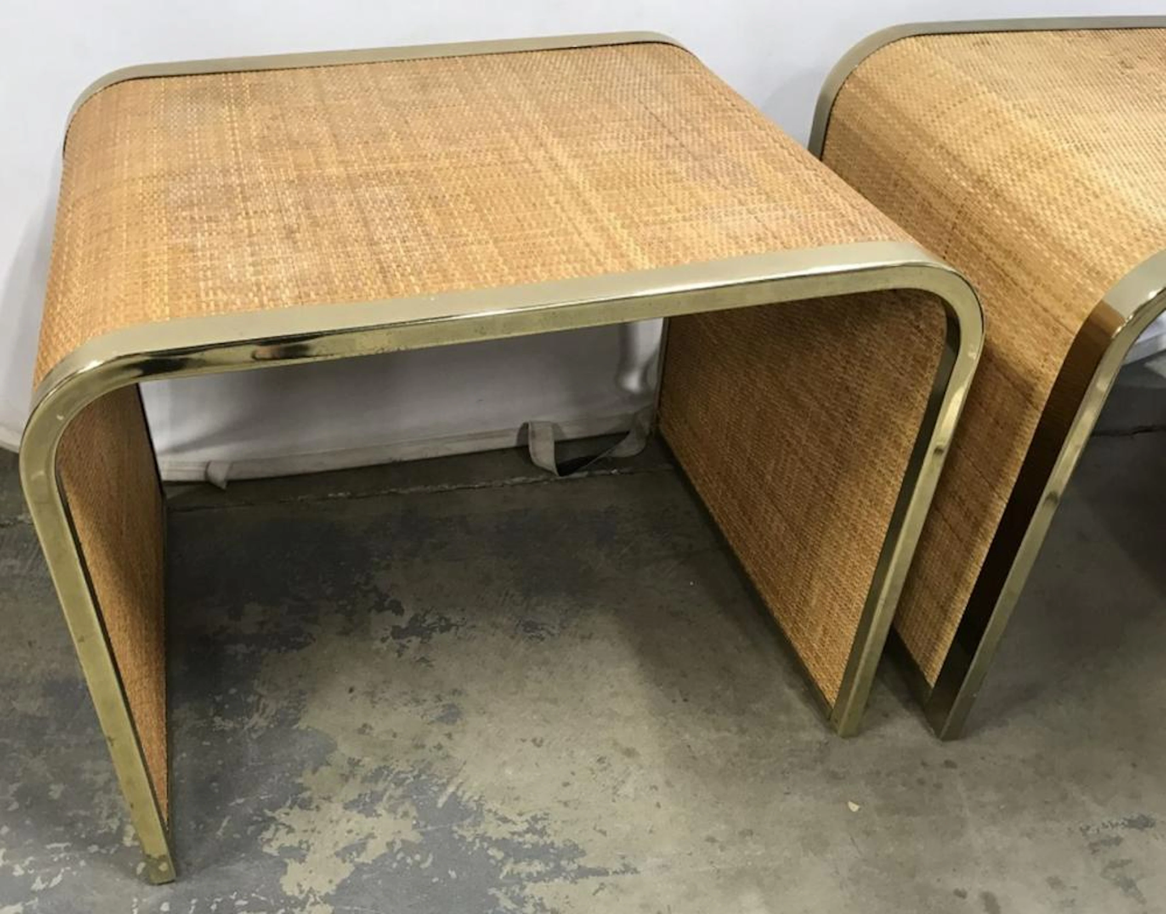 Pair MCM Rattan & Metal Waterfall Side Tables