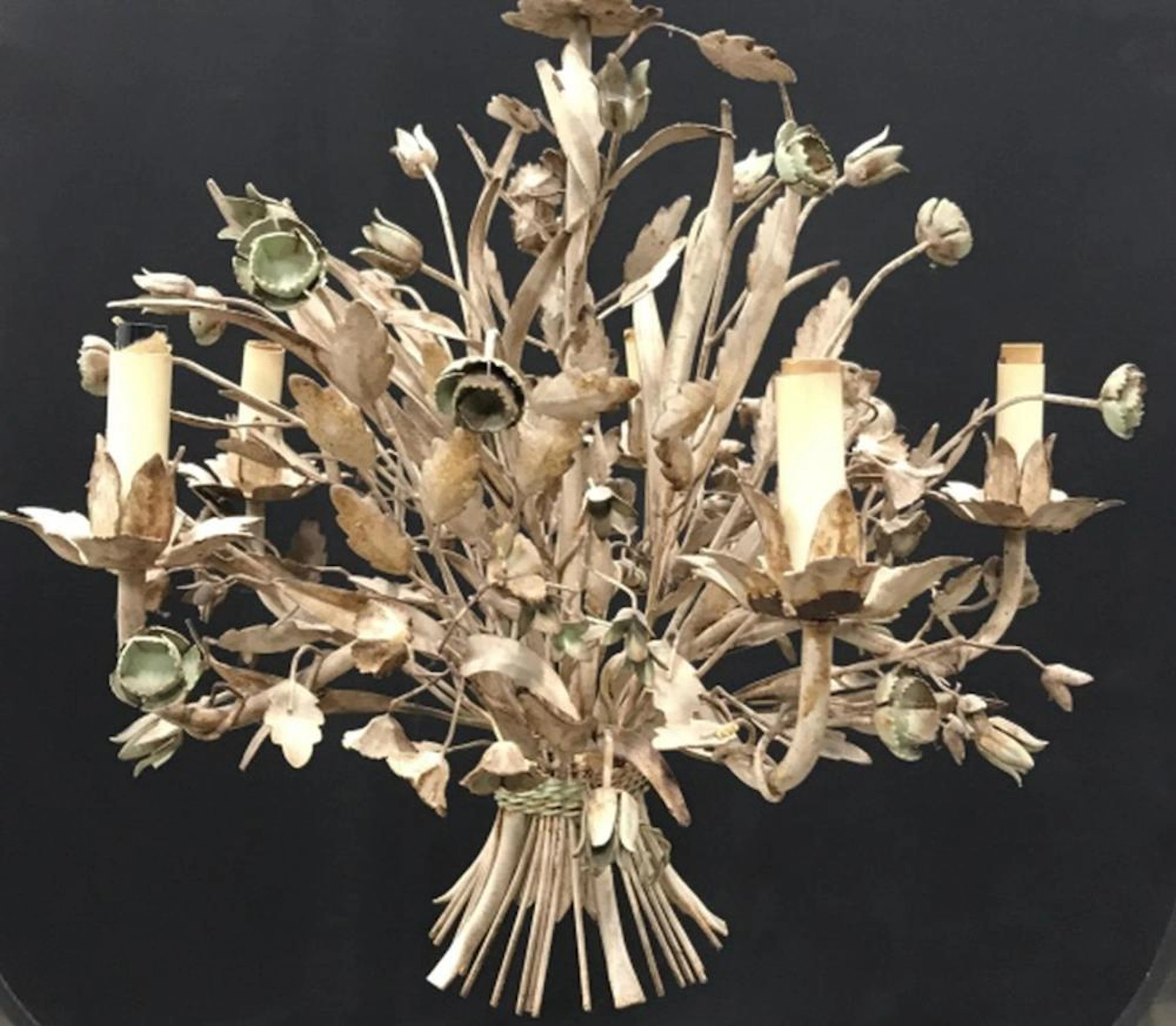 Vintage French Botanical Motif Metal Chandelier