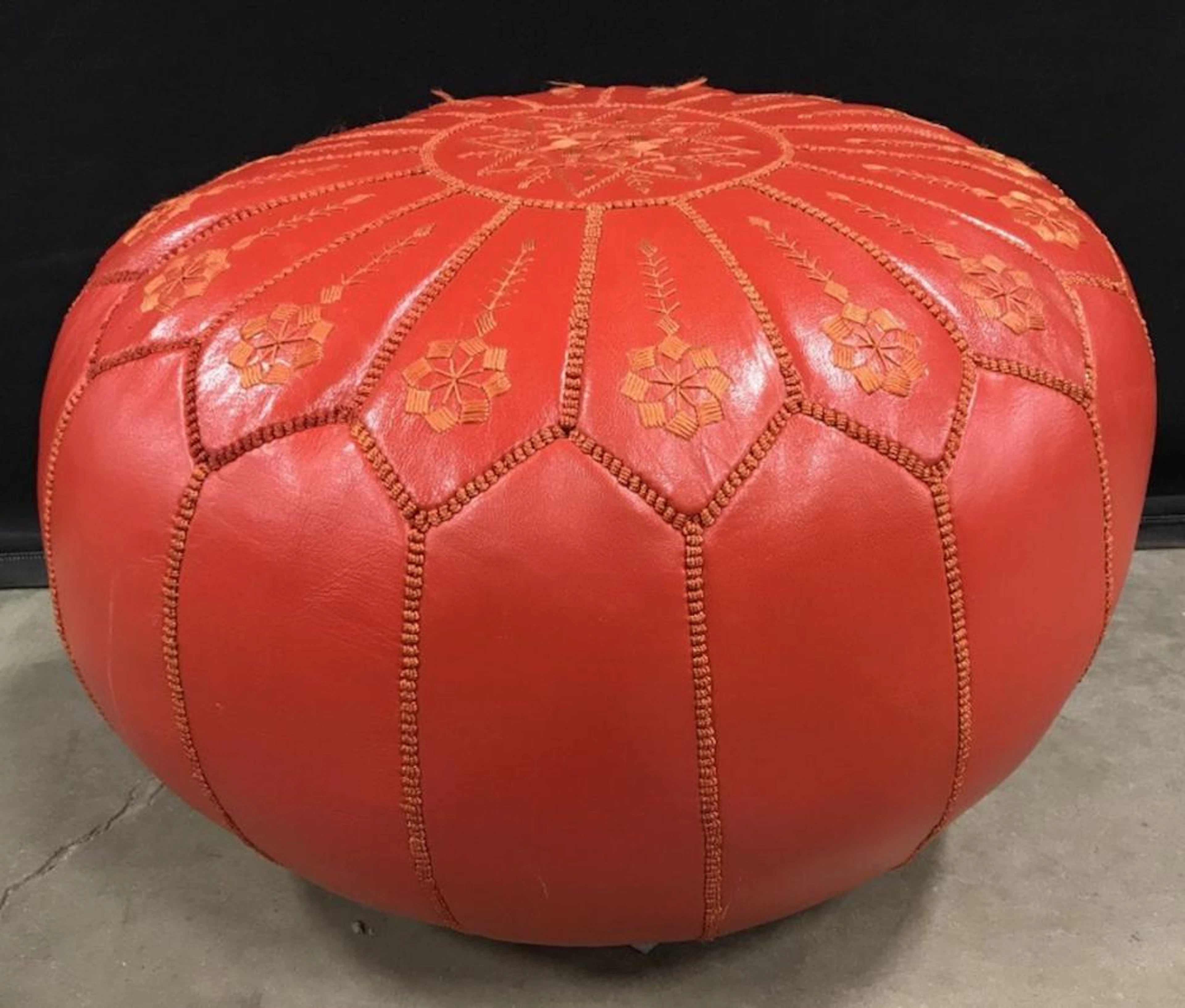 Red Leather Moroccan Pouf