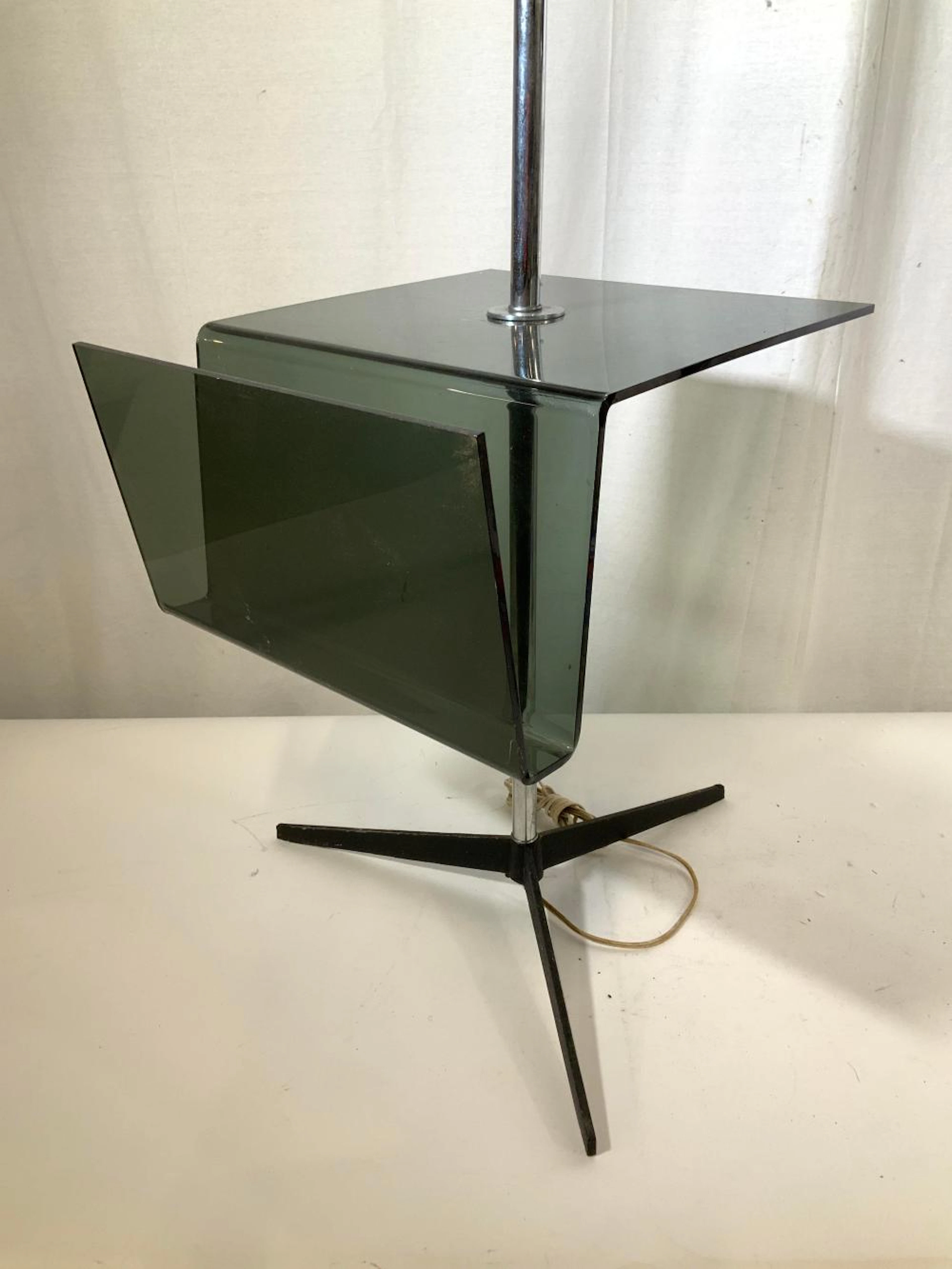 Lucite Chrome Side Table W Rack and Lamp