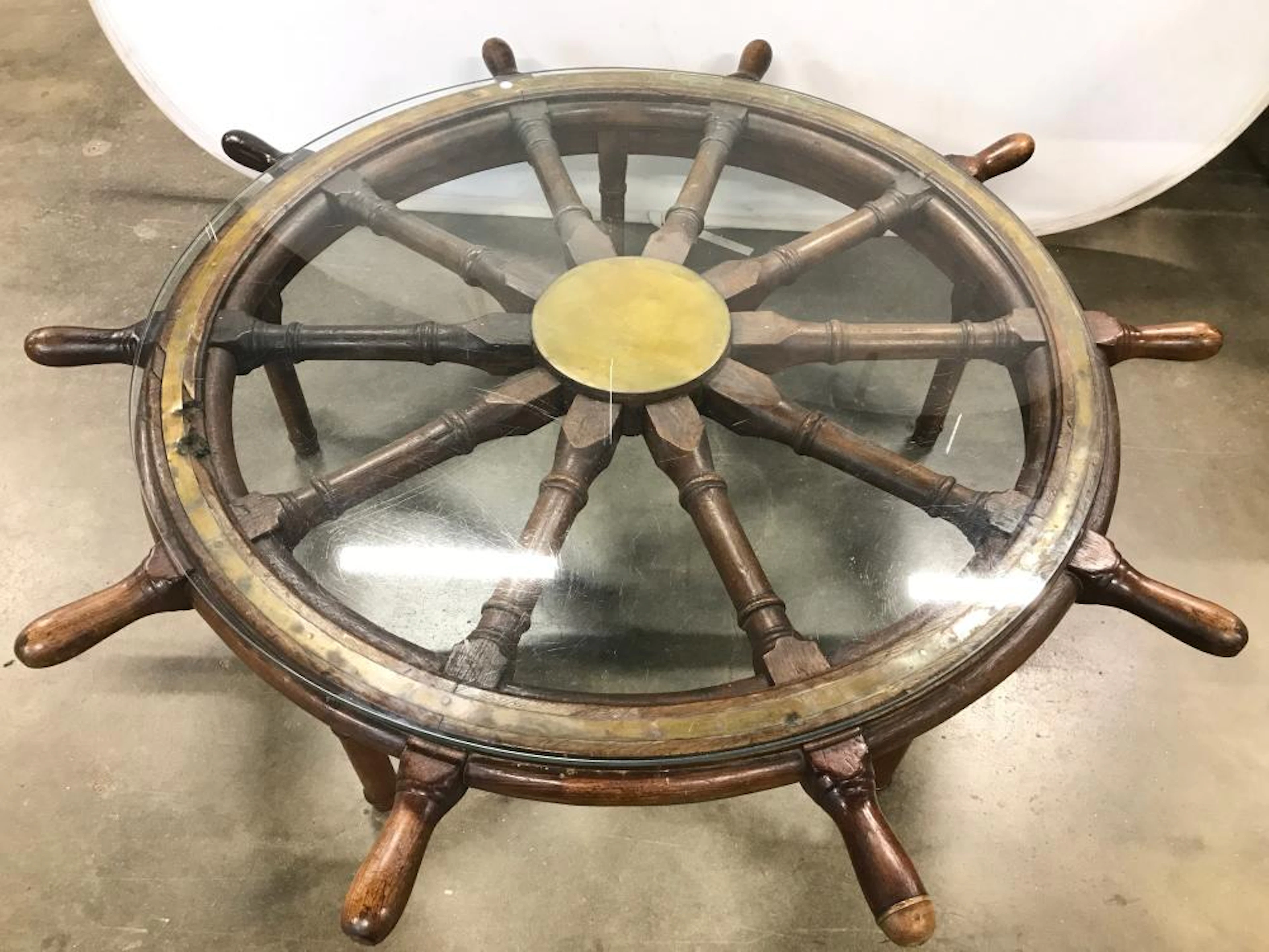 Antique Ship Wheel Glass Top Coffee Table