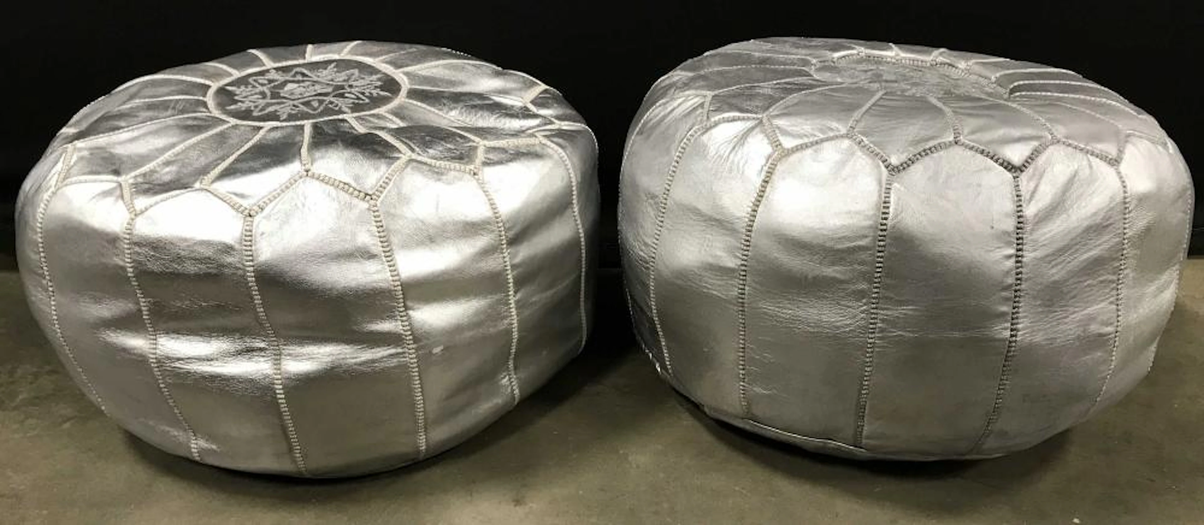 Pair Silver Toned Metallic Styled Poufs