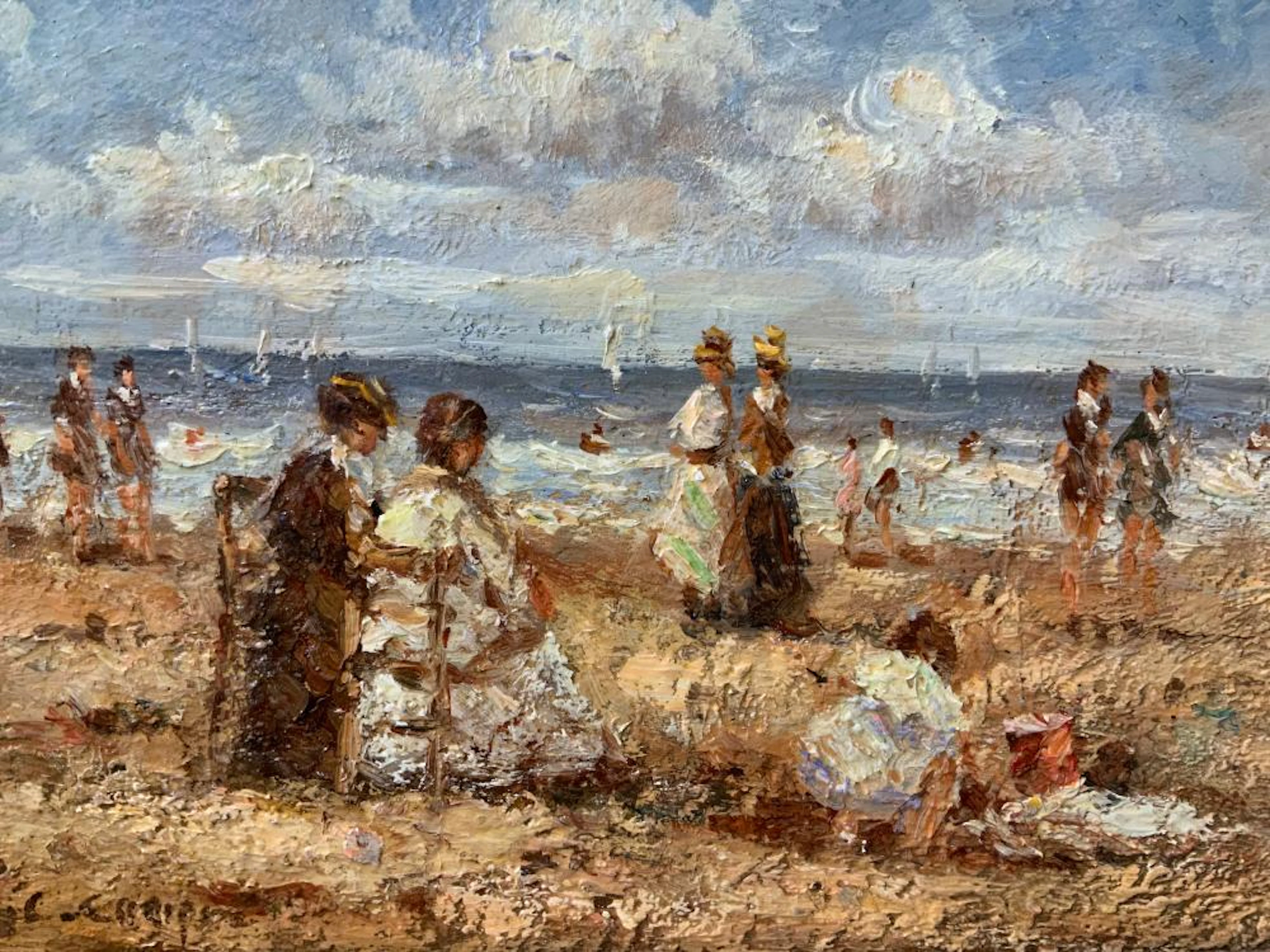 Antique Signed Oil Painting Beach Scene