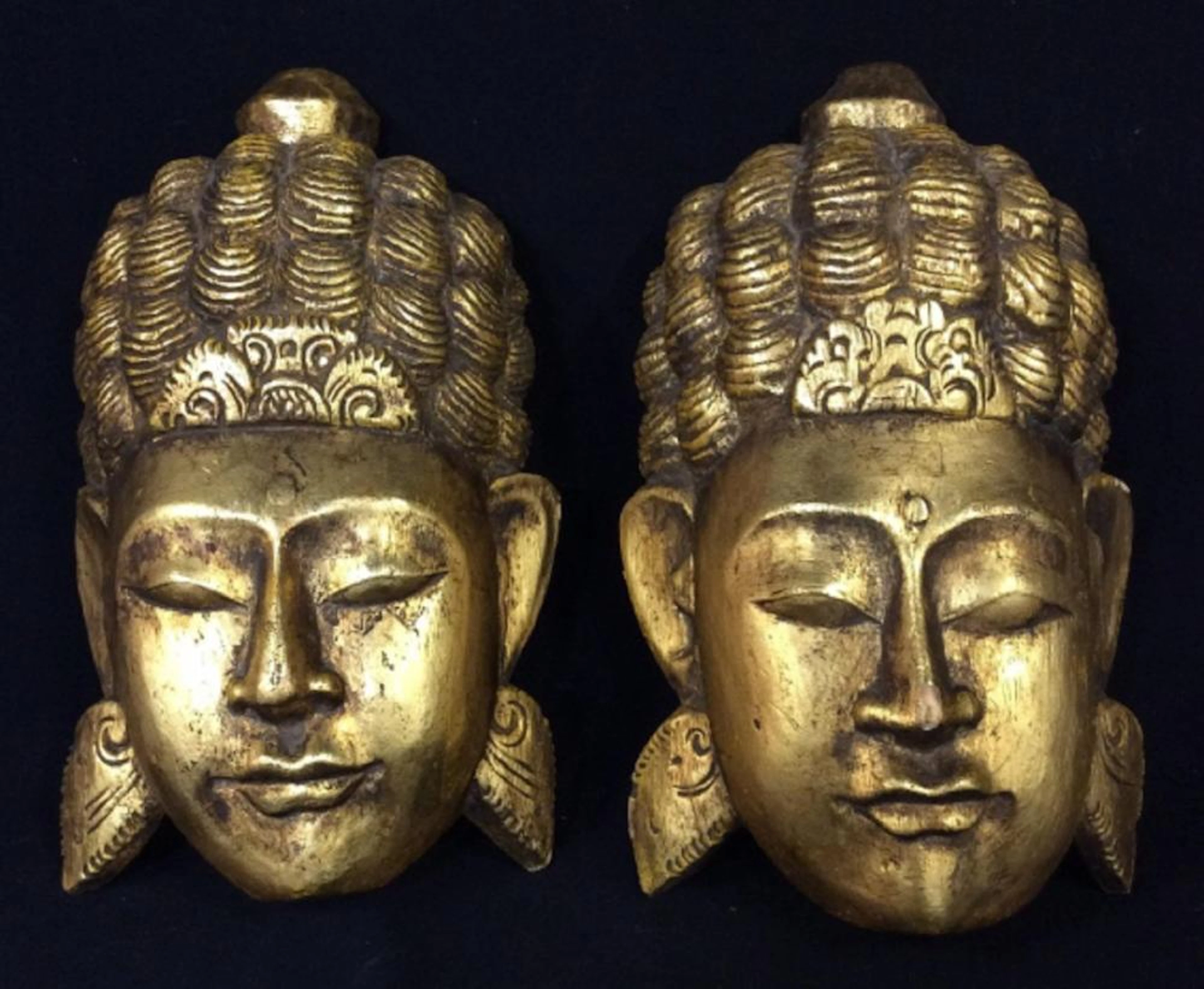 Pair Vntg Gold toned wooden Buddha faces