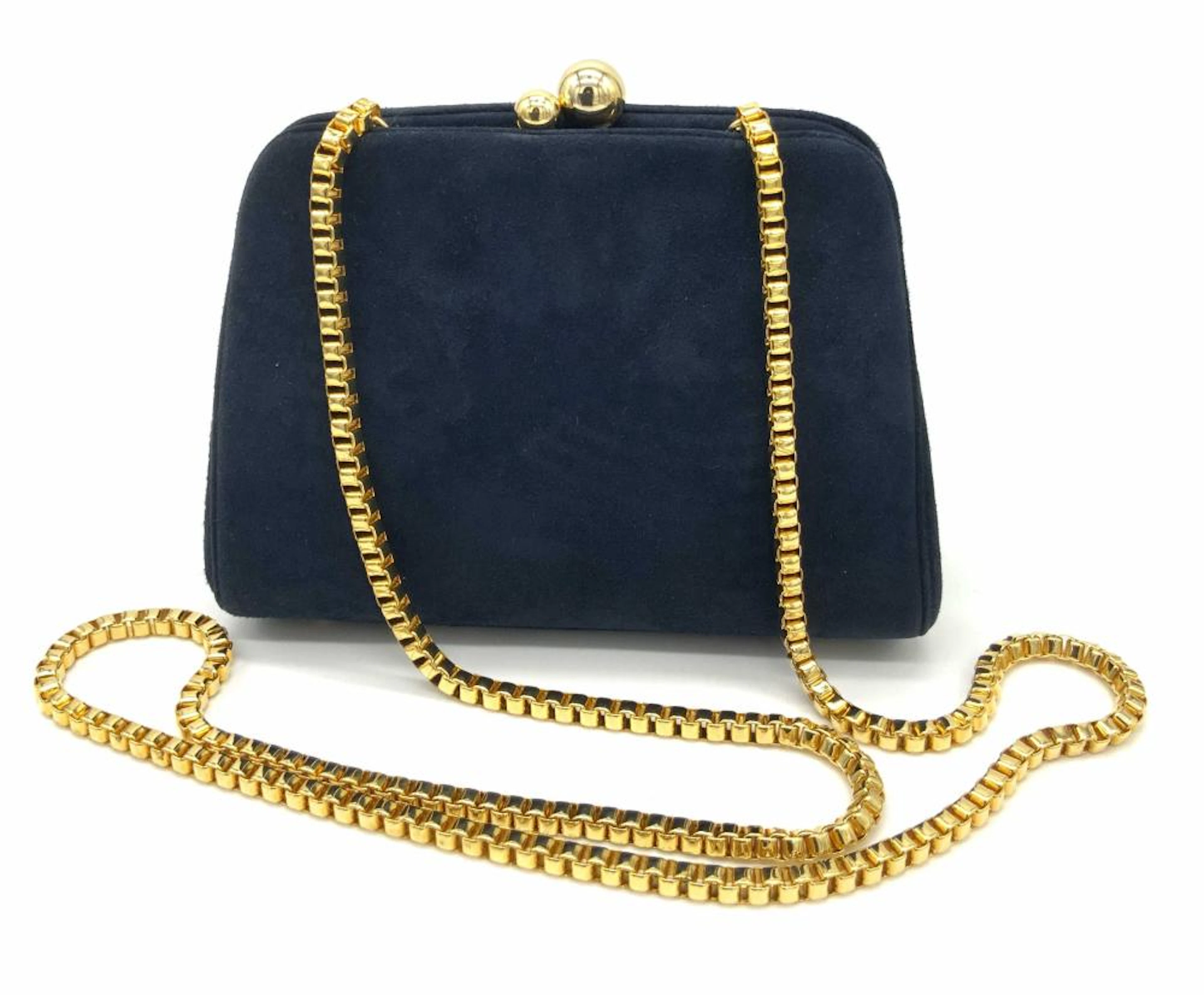 JUDITH LEIBER Navy Suede Shoulder Purse W Box