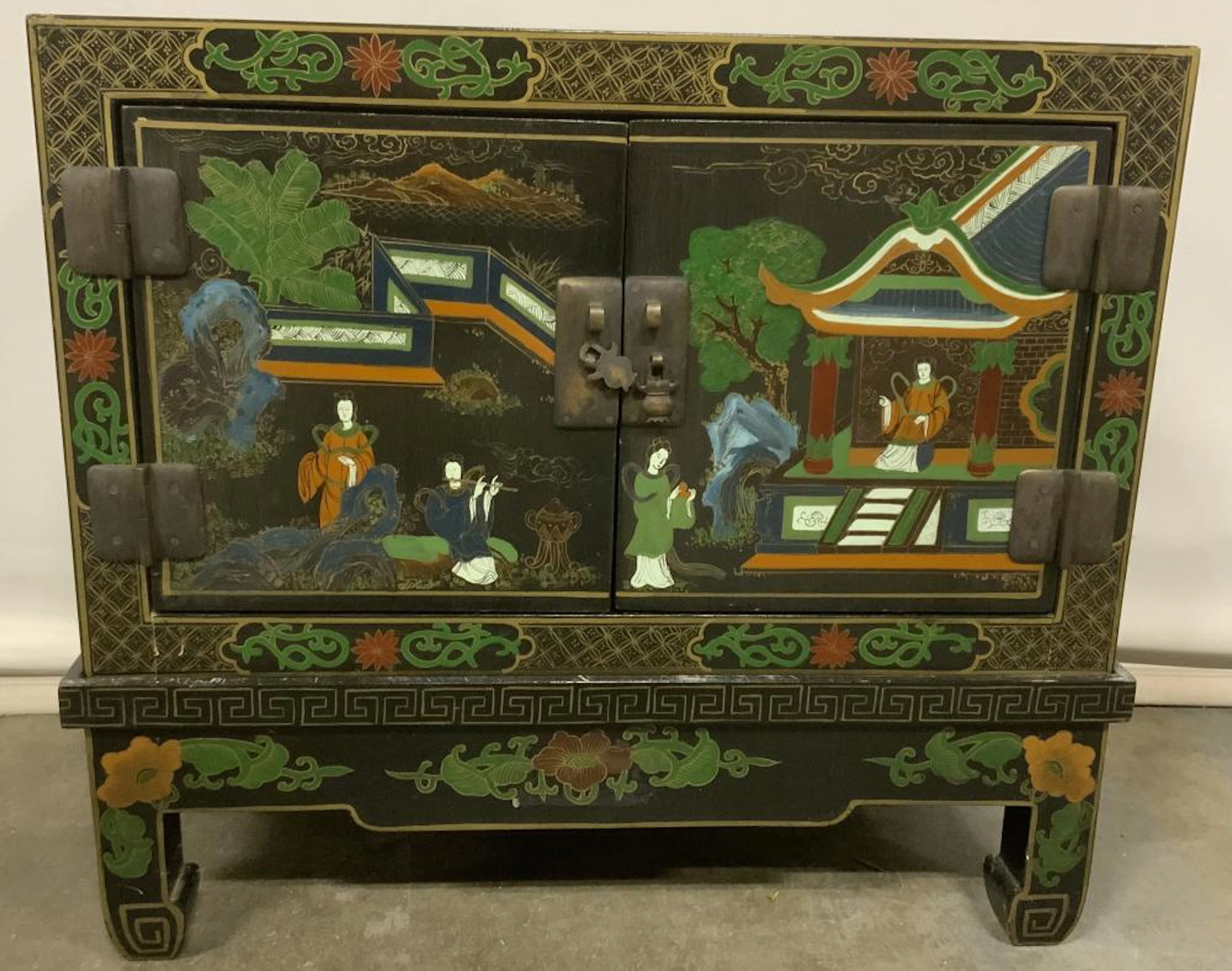 Vintage Asian Hand Painted Low Cabinet