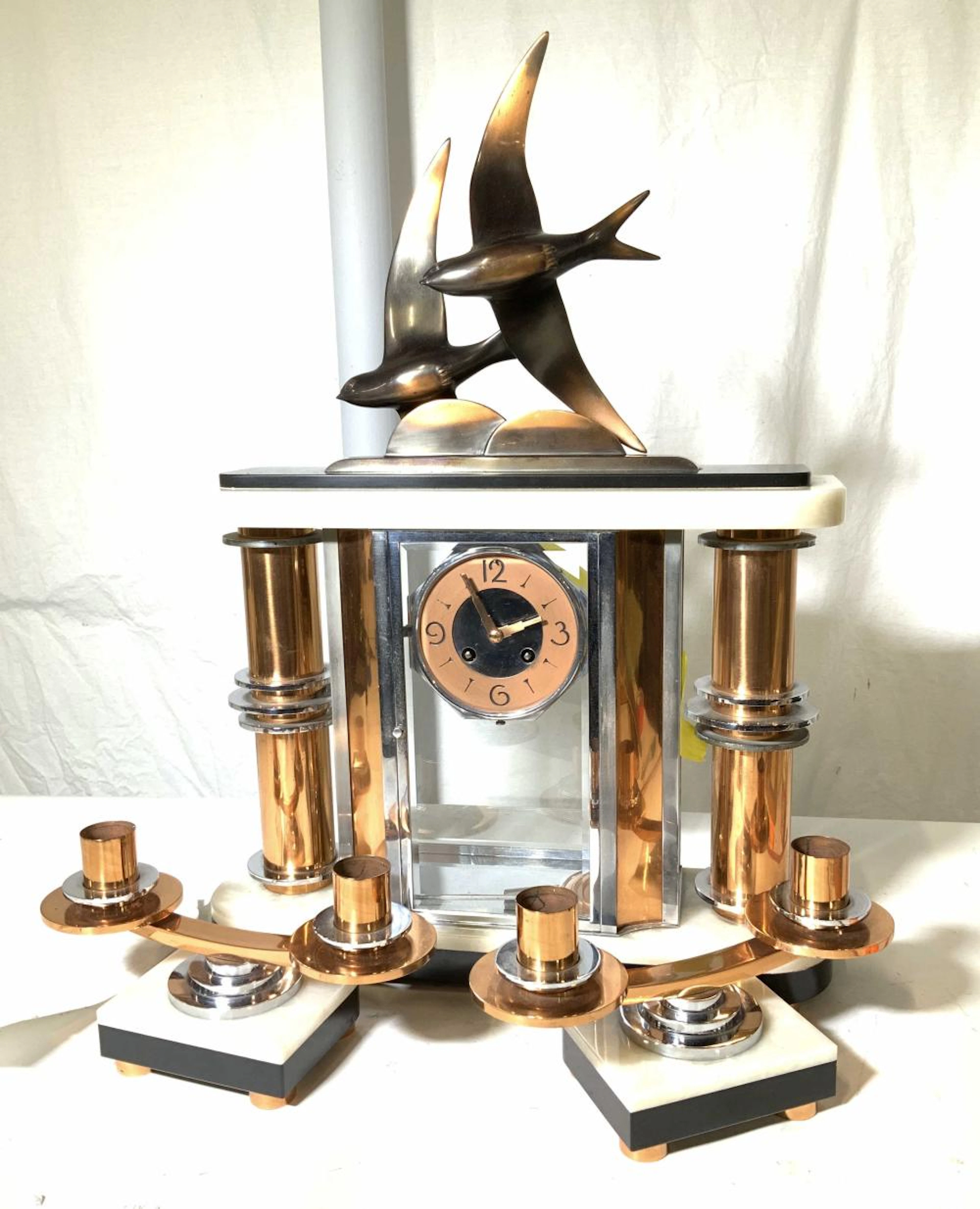Breveté French Art Deco Mantle Clock Garniture Set