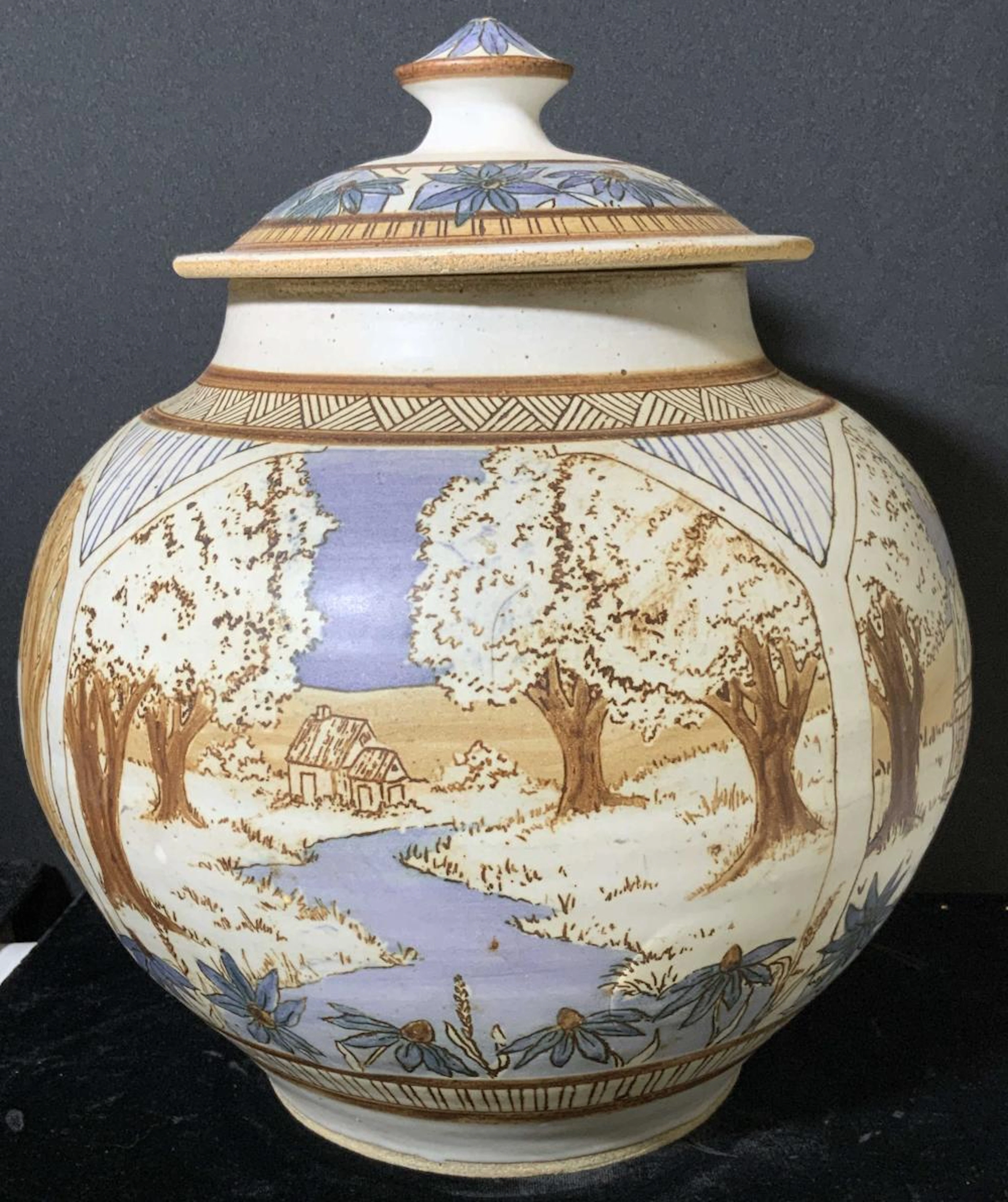 Signed Artist Stoneware Ginger Jar Centerpice