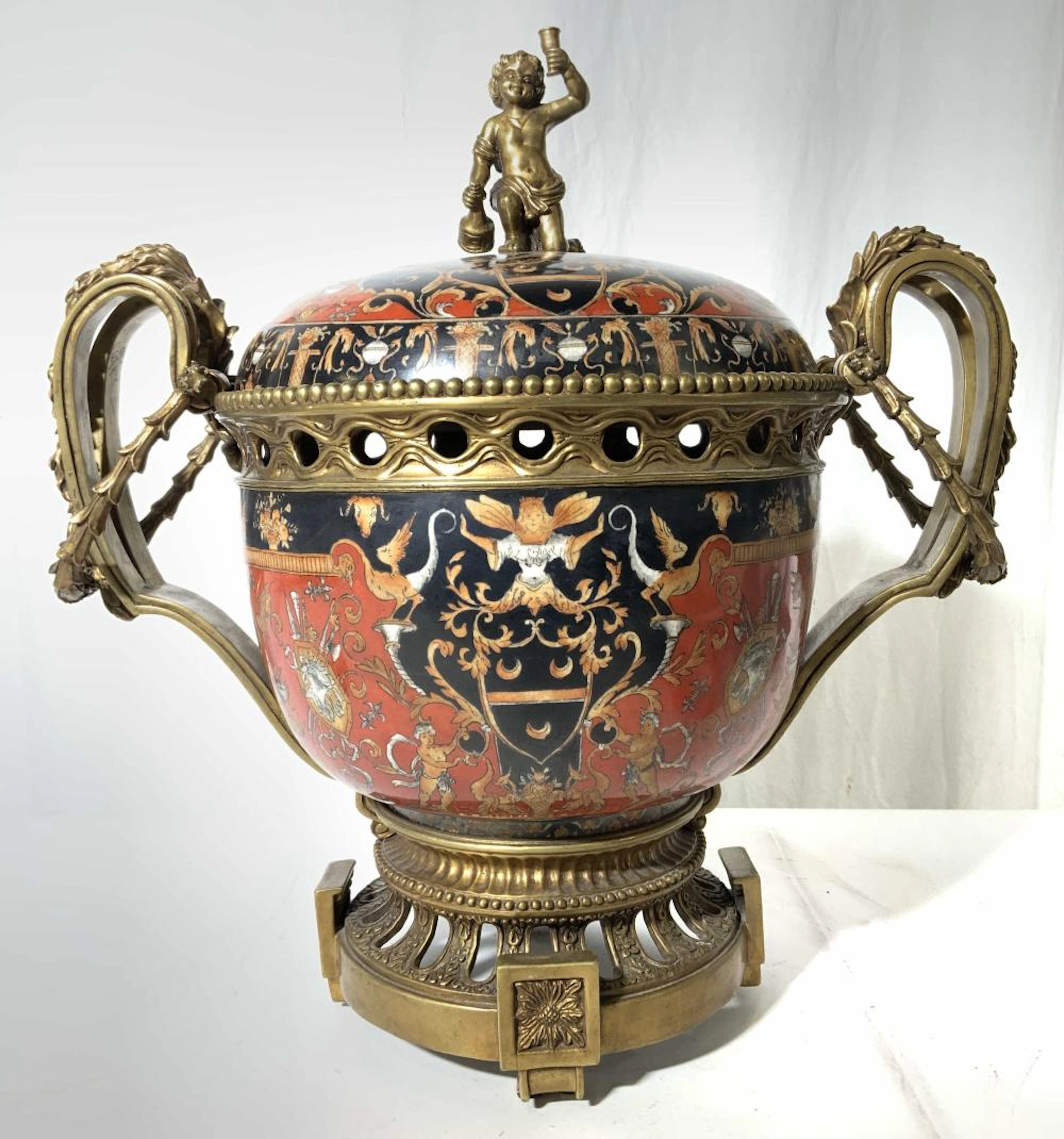 JUWC Hand Painted Porcelain & Brass Ur