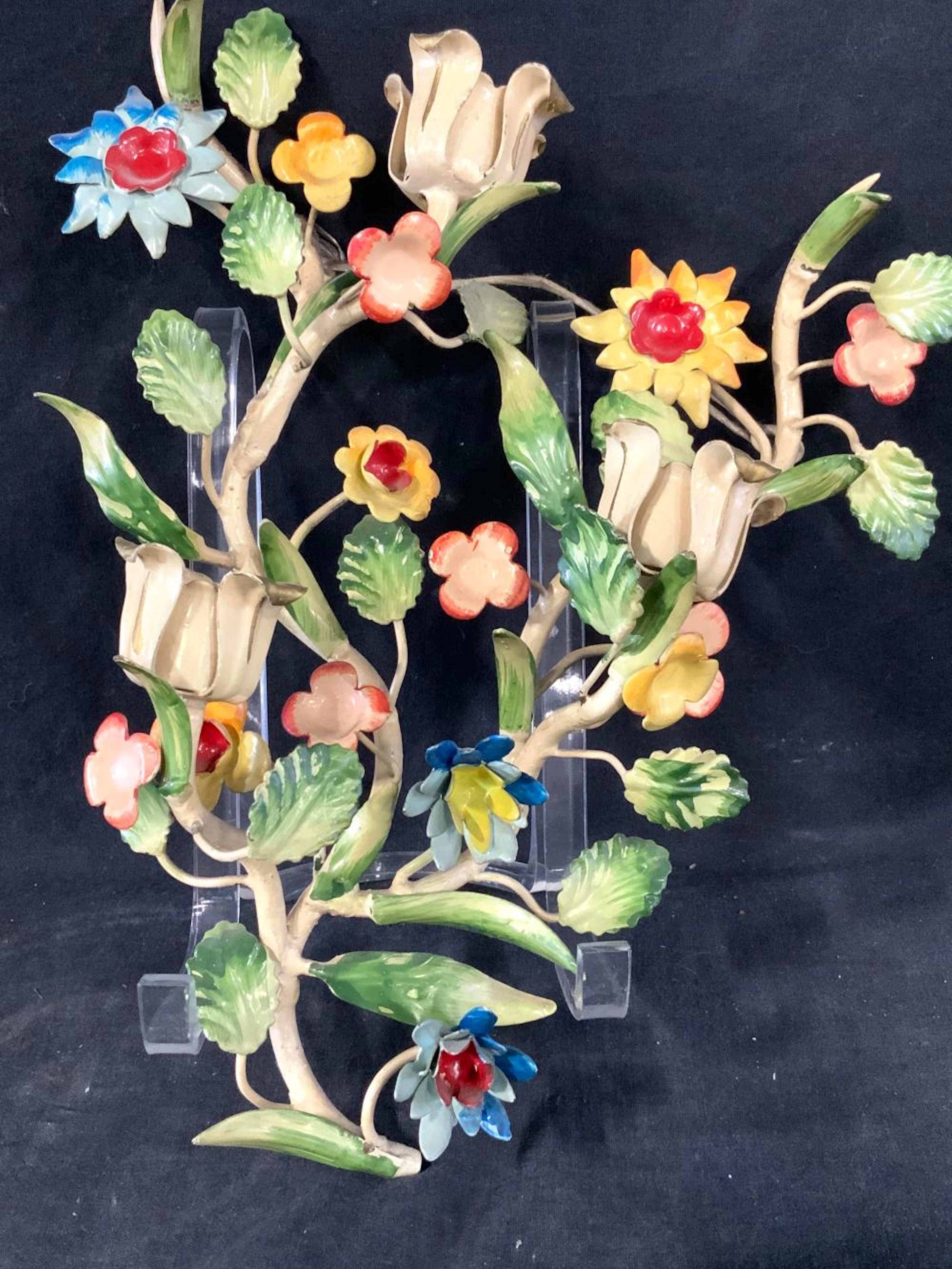Hand Painted Toleware Wall Candelabra w Flowers