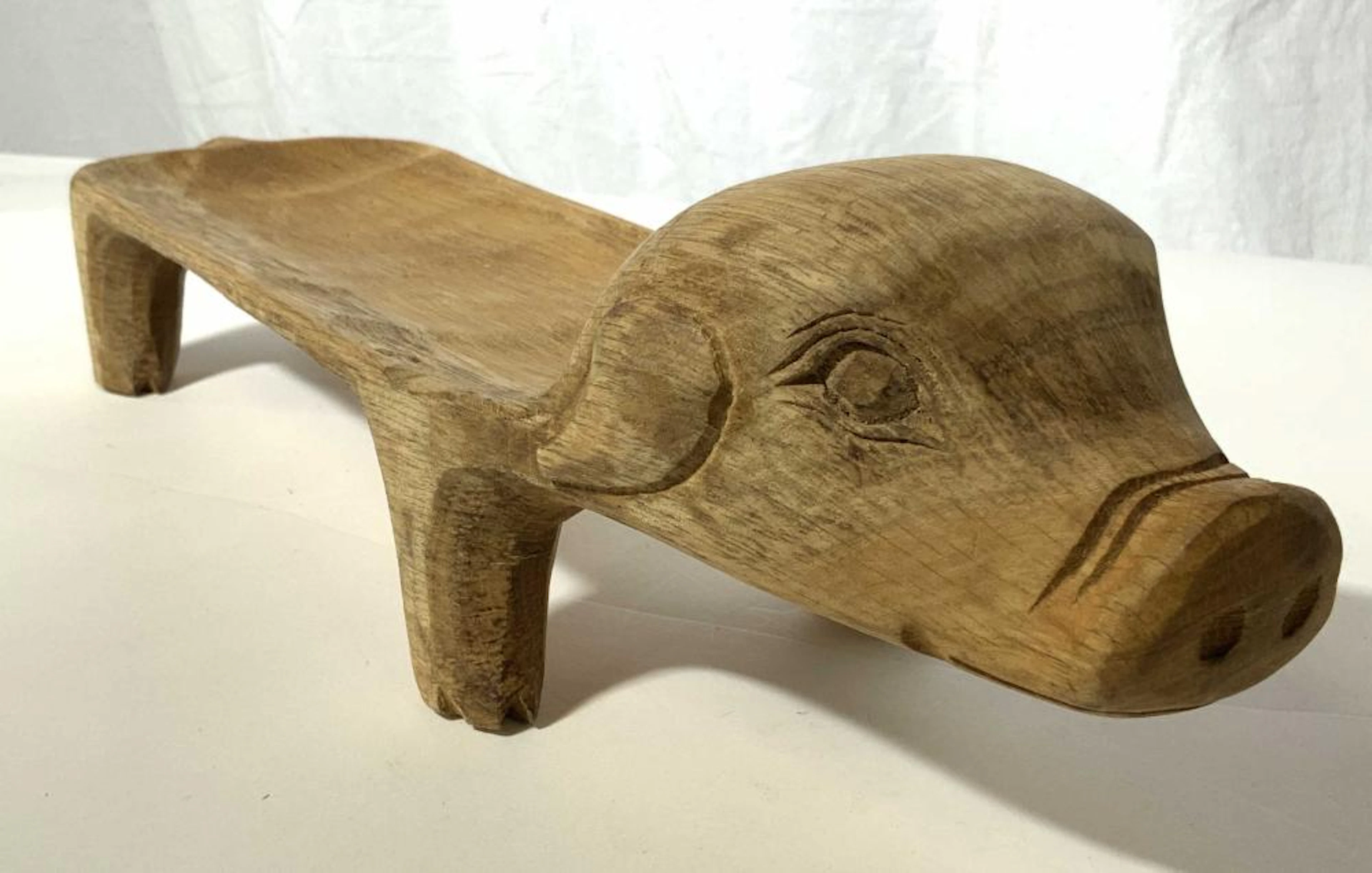 Vintage Folk Art Hand Carved Wooden Pig Figural