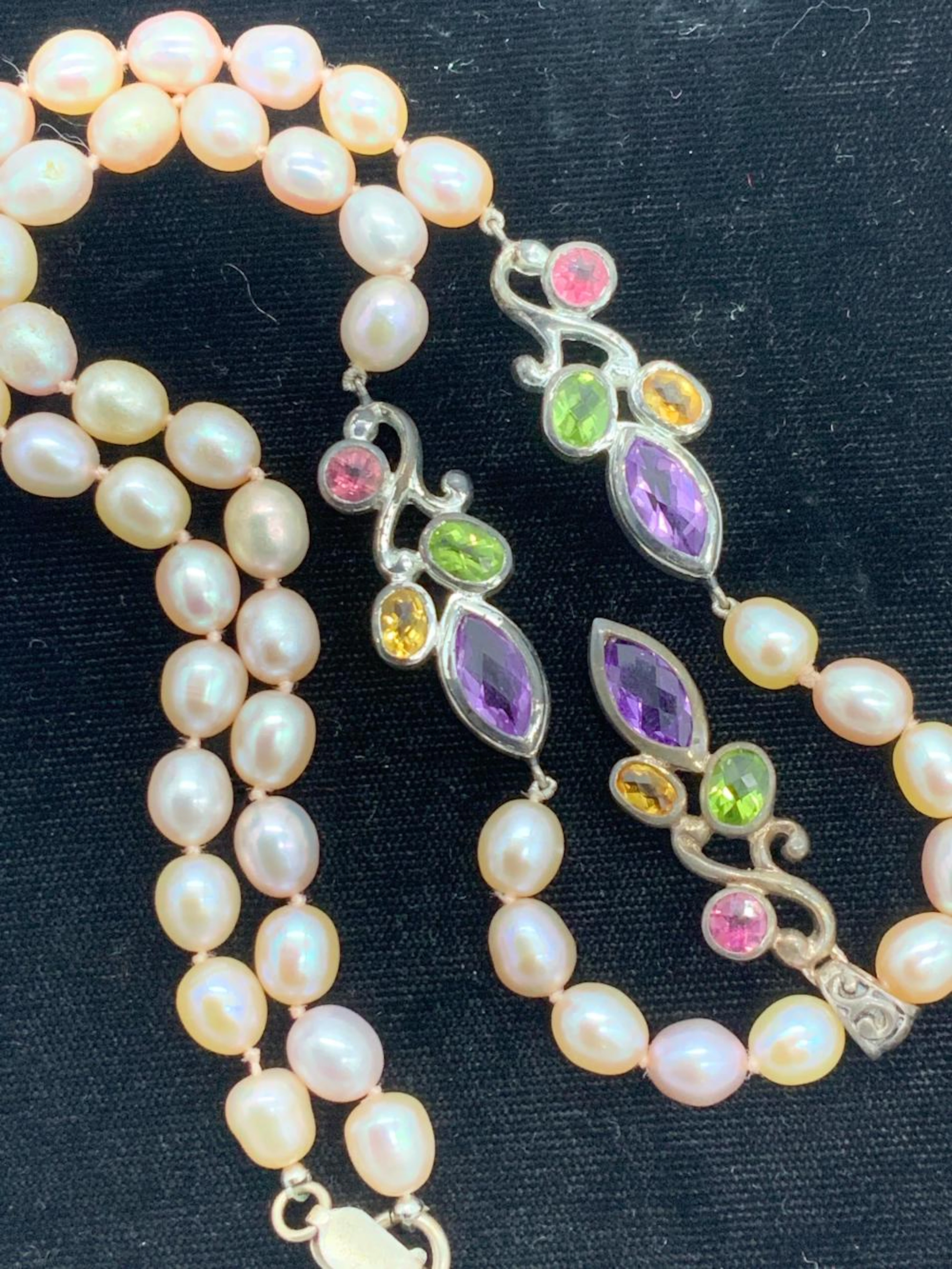 SU Cultured Pearl & Gemstone Necklace w Sterling