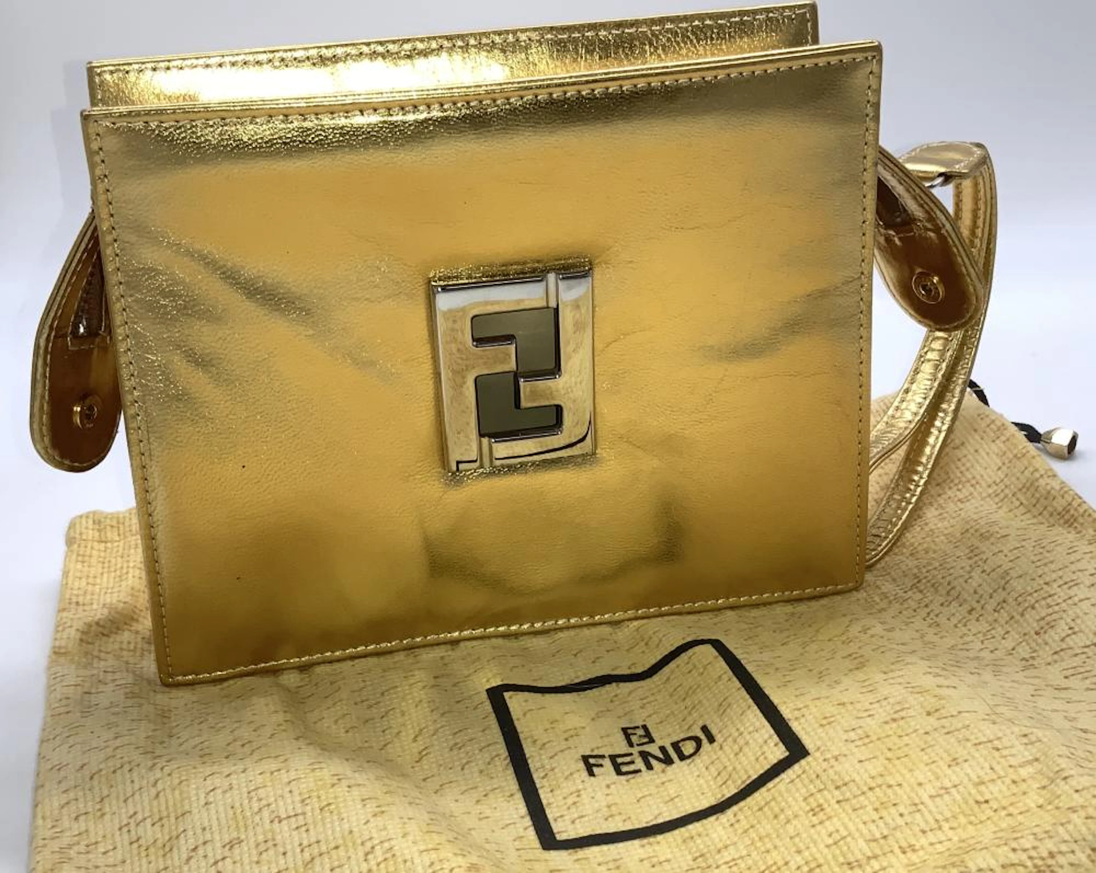 FENDI Gold Cosmetic Bag/ Evening Purse w Duster