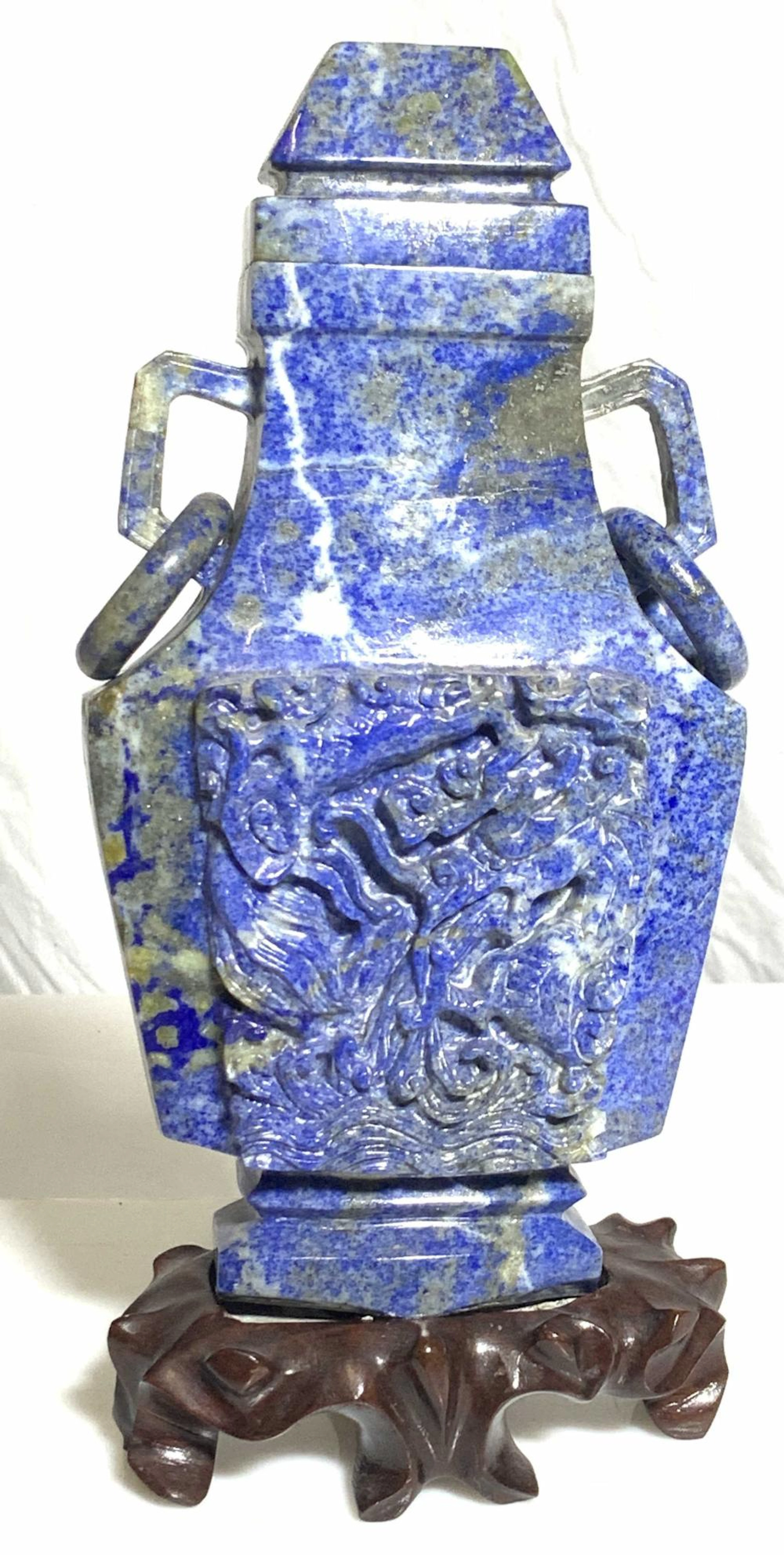 ASIAN CARVED LAPIS HU VASE on Asian Wood Stand