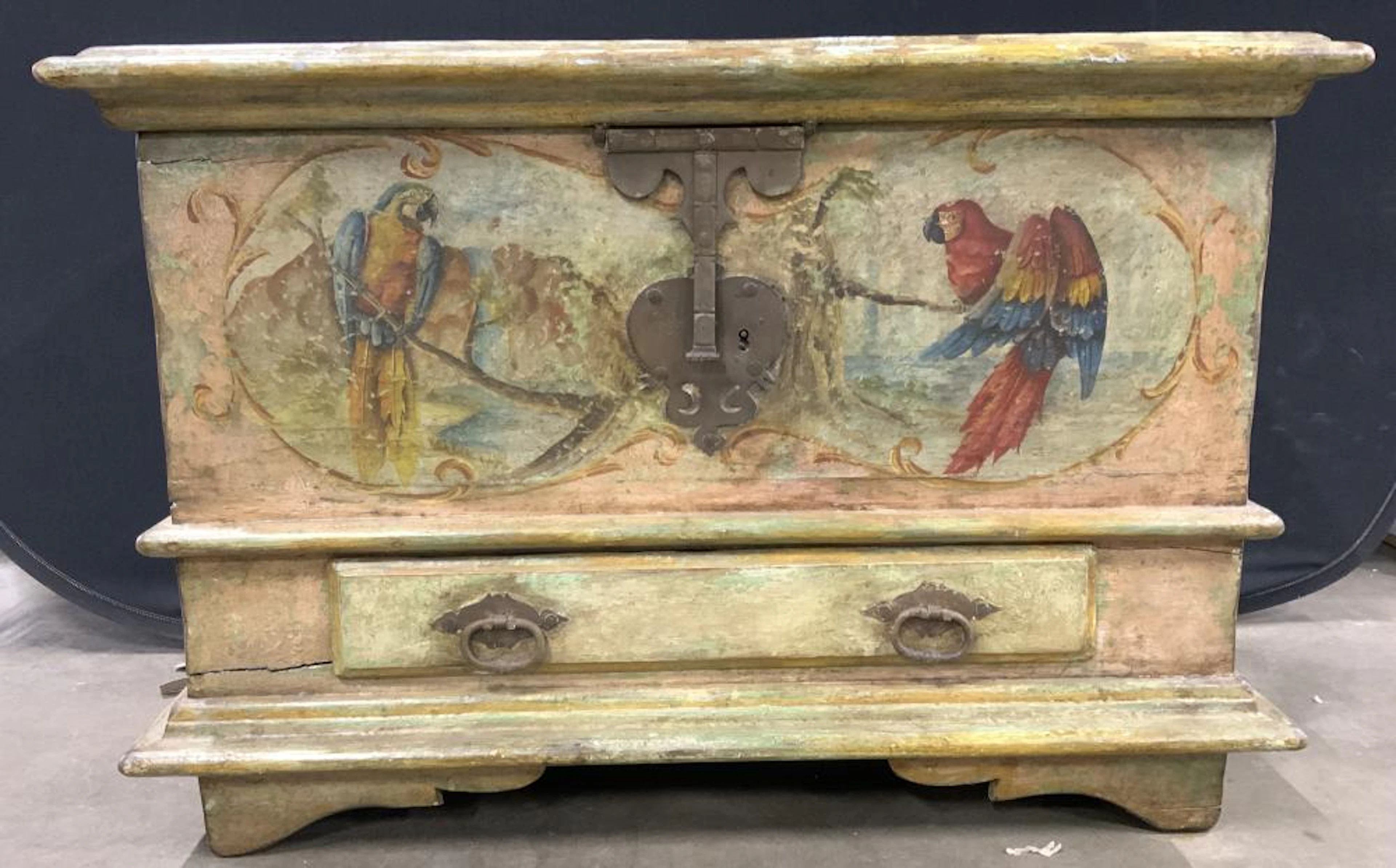 Hand Painted Antique Carved Wooden Chest W Drawer
