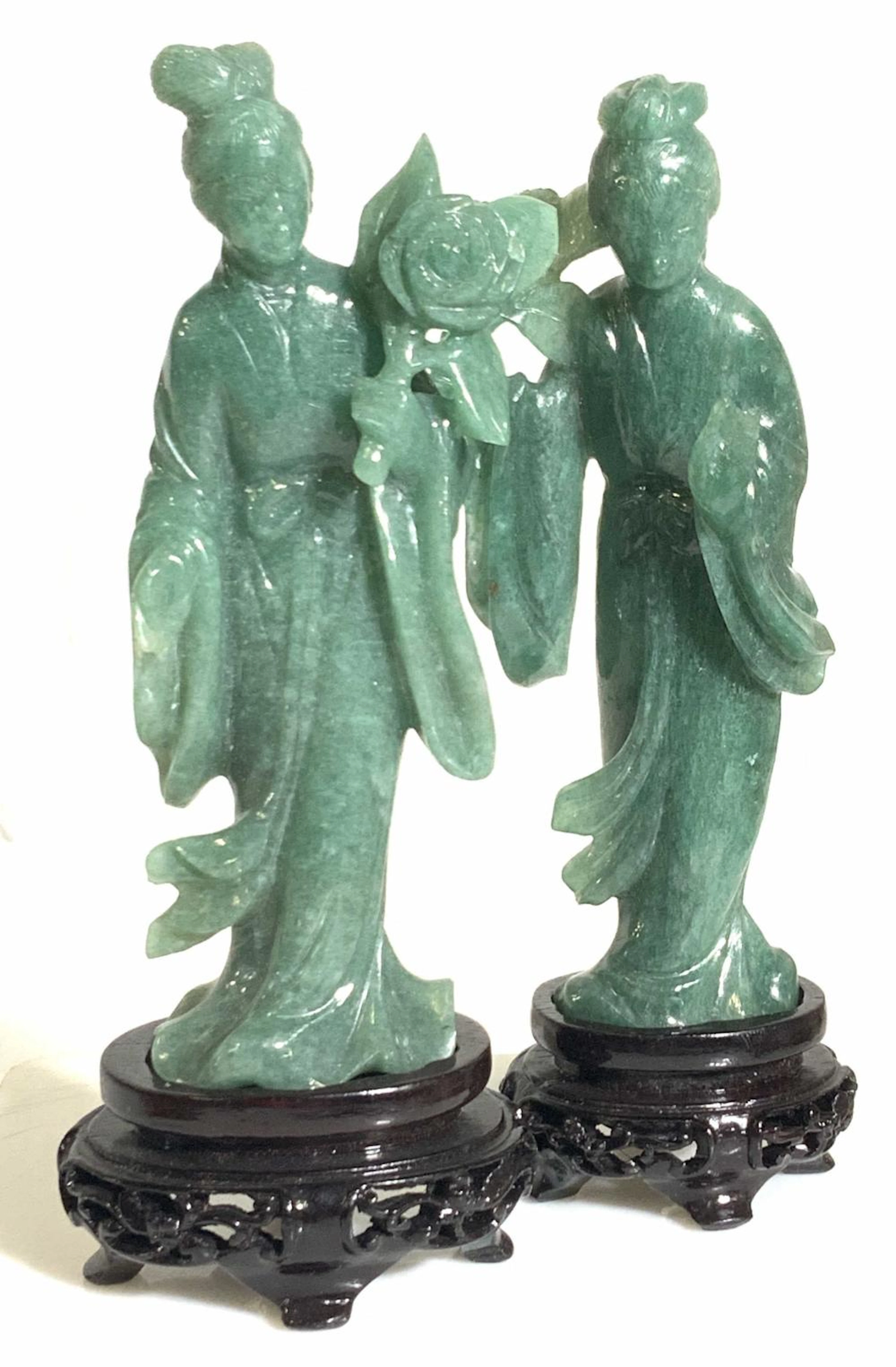 Pair JADE ASIAN WOMAN FIGURALS on Stands