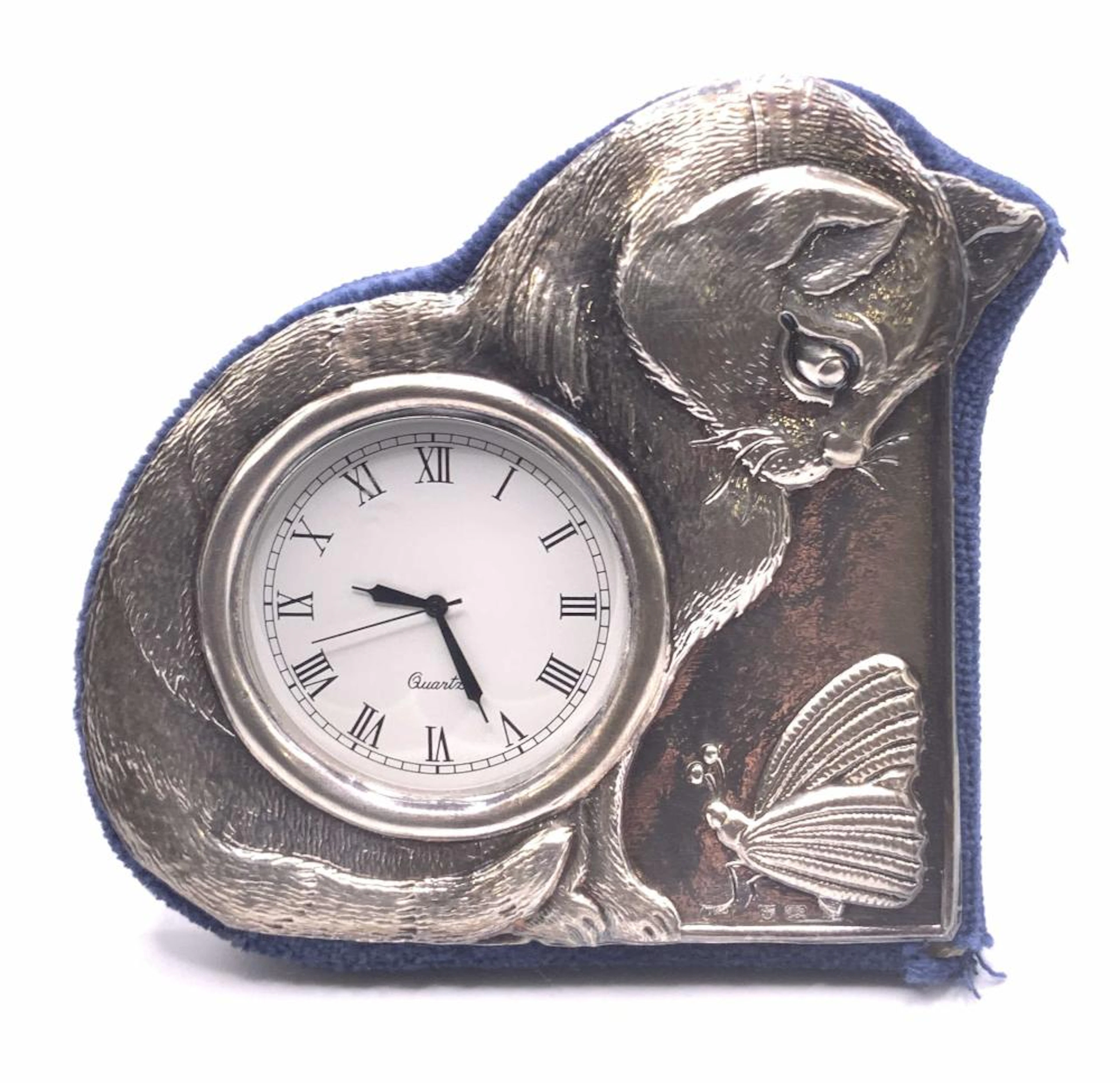 Vtg STERLING SILVER Cat & Butterfly Quartz Clock