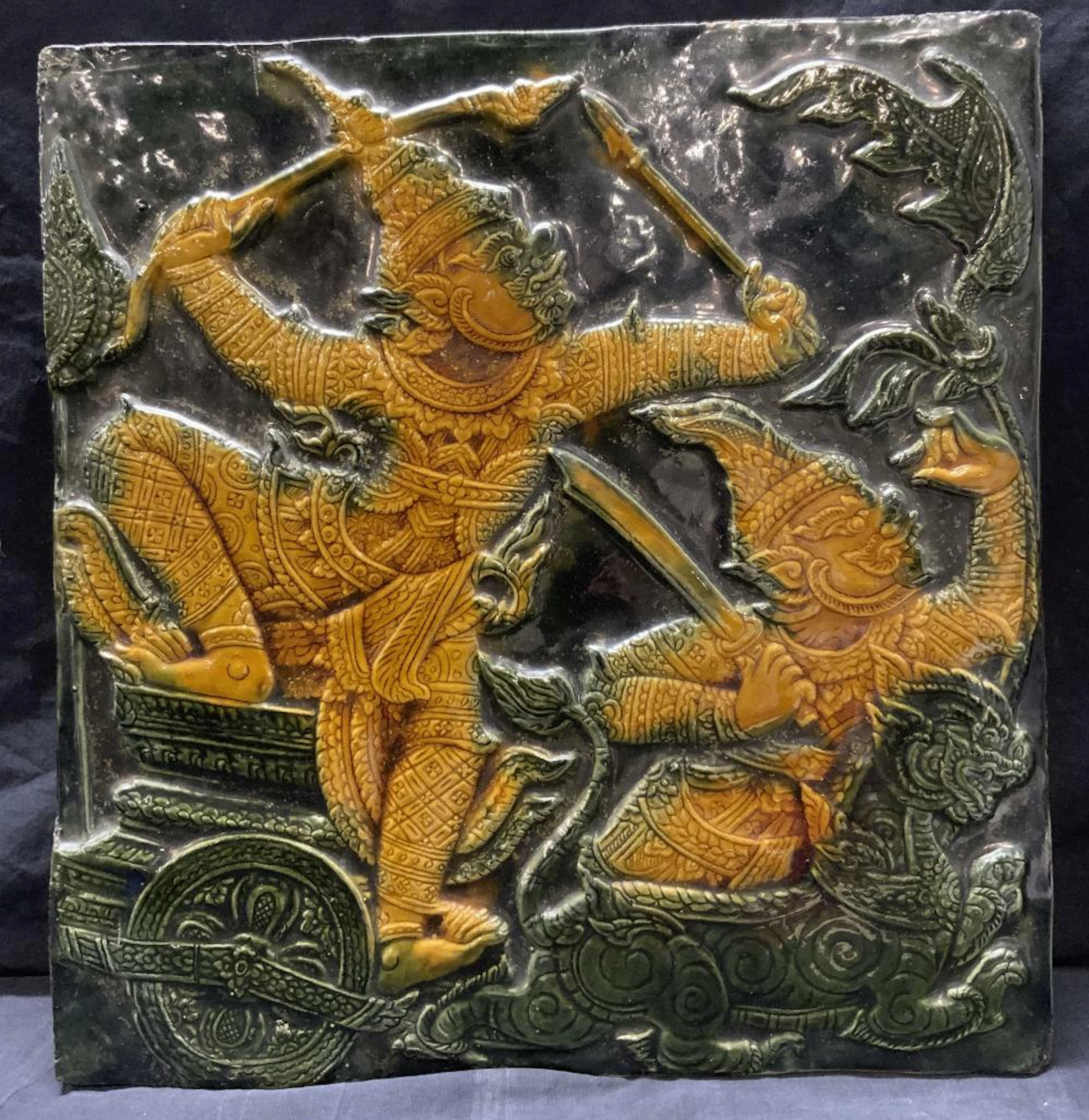 Thai Deity Figural Ceramic Relief Tile