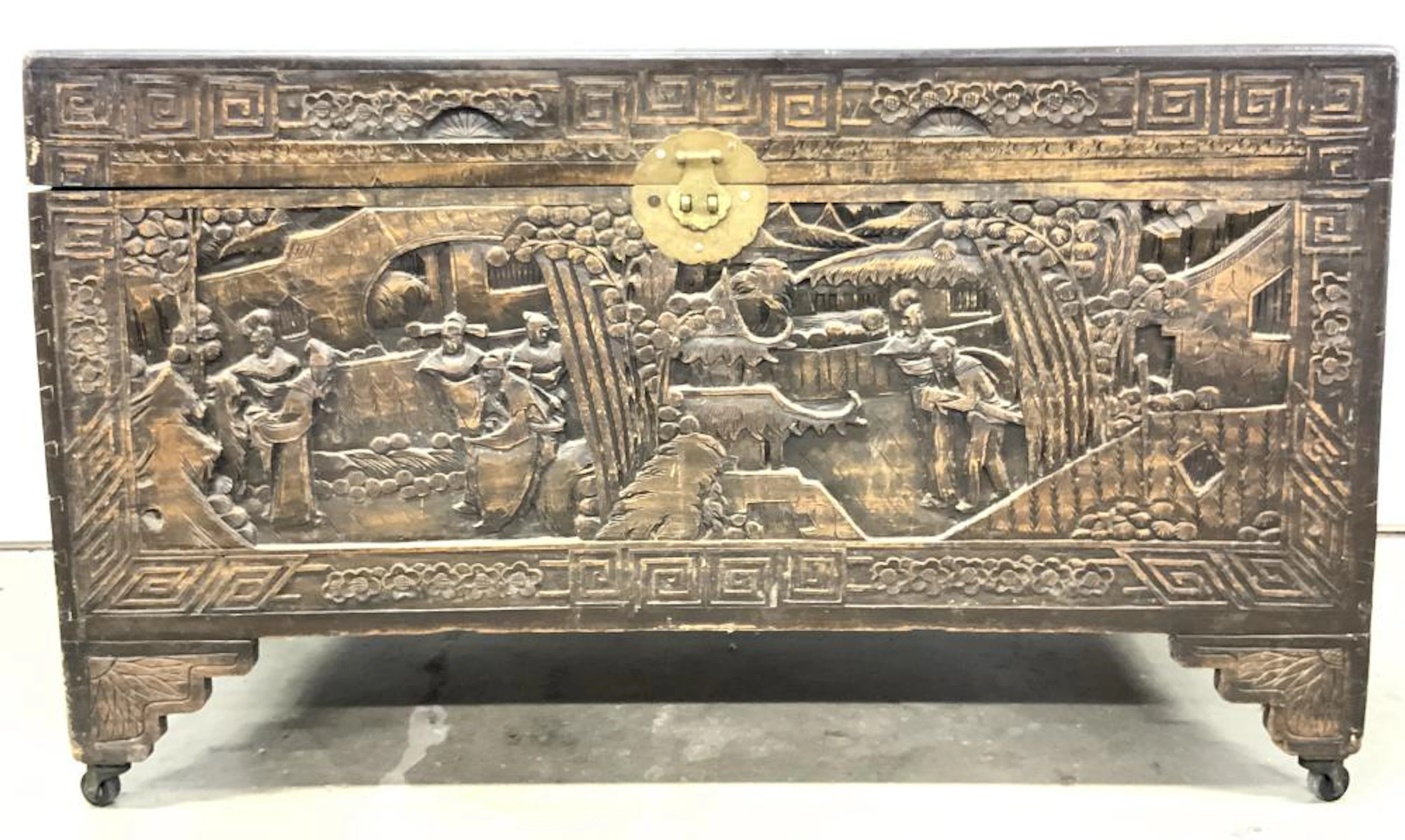 Vntg Hand Carved Asian Blanket Chest On Casters