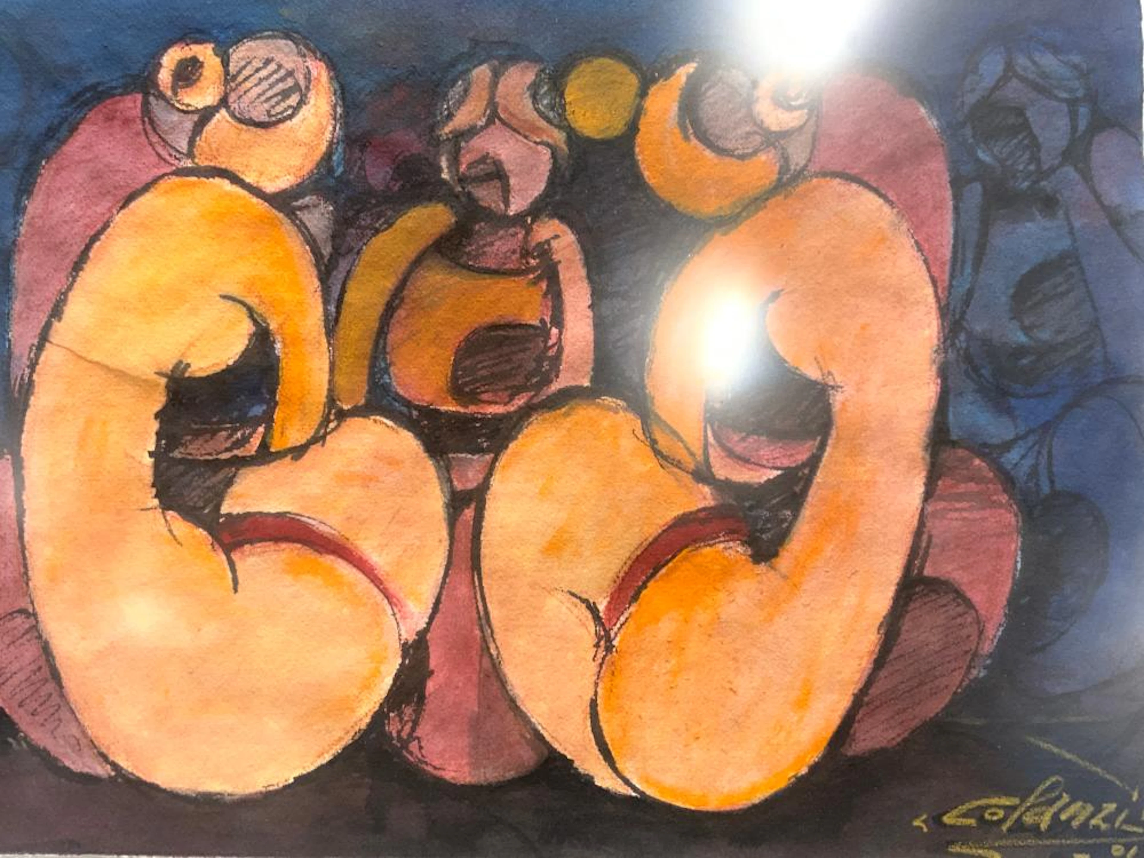 Signed Abstract Figural Watercolor Painting