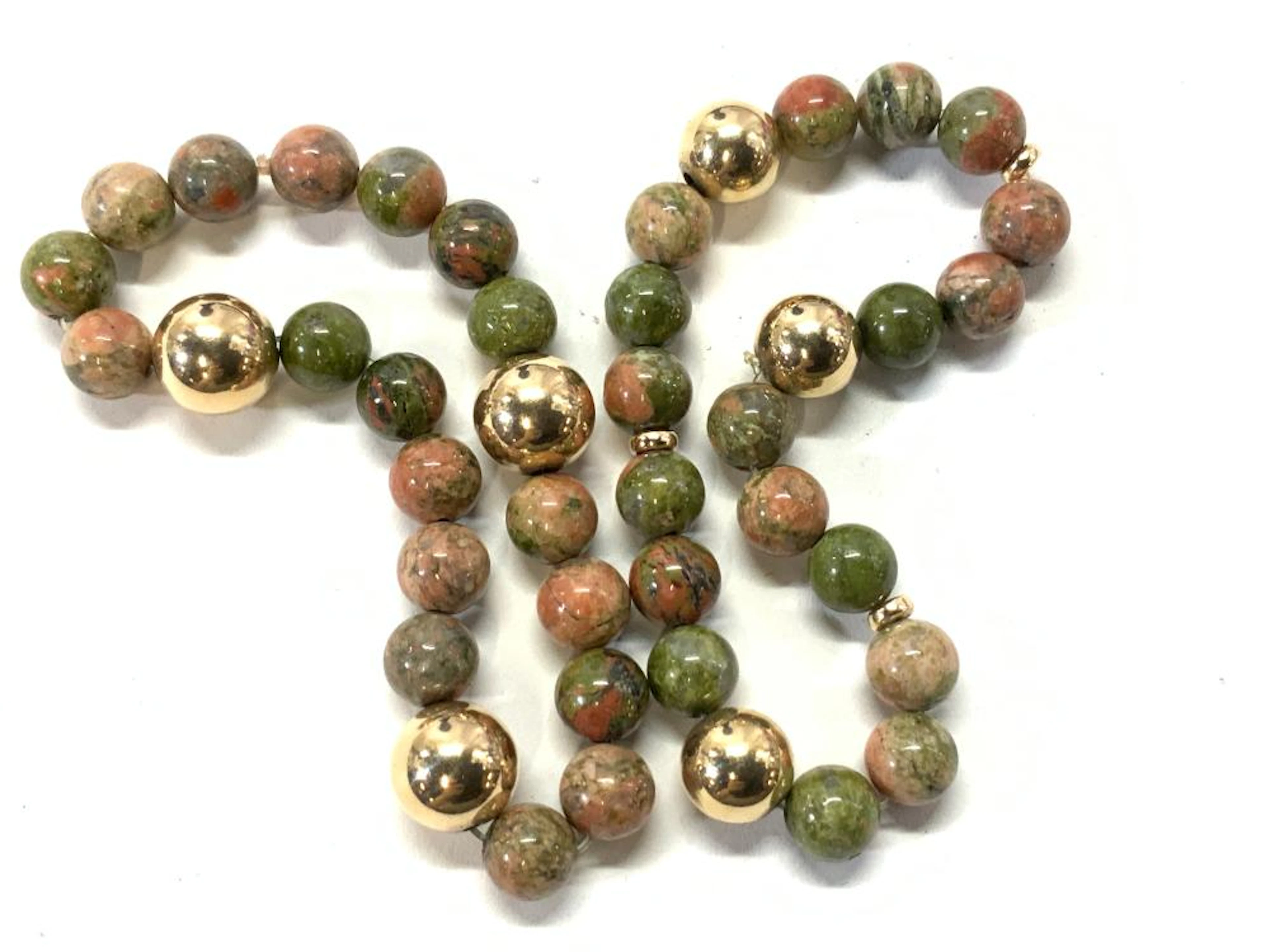 Pair Unakite and 14K Gold Bead Stretch Bracelets