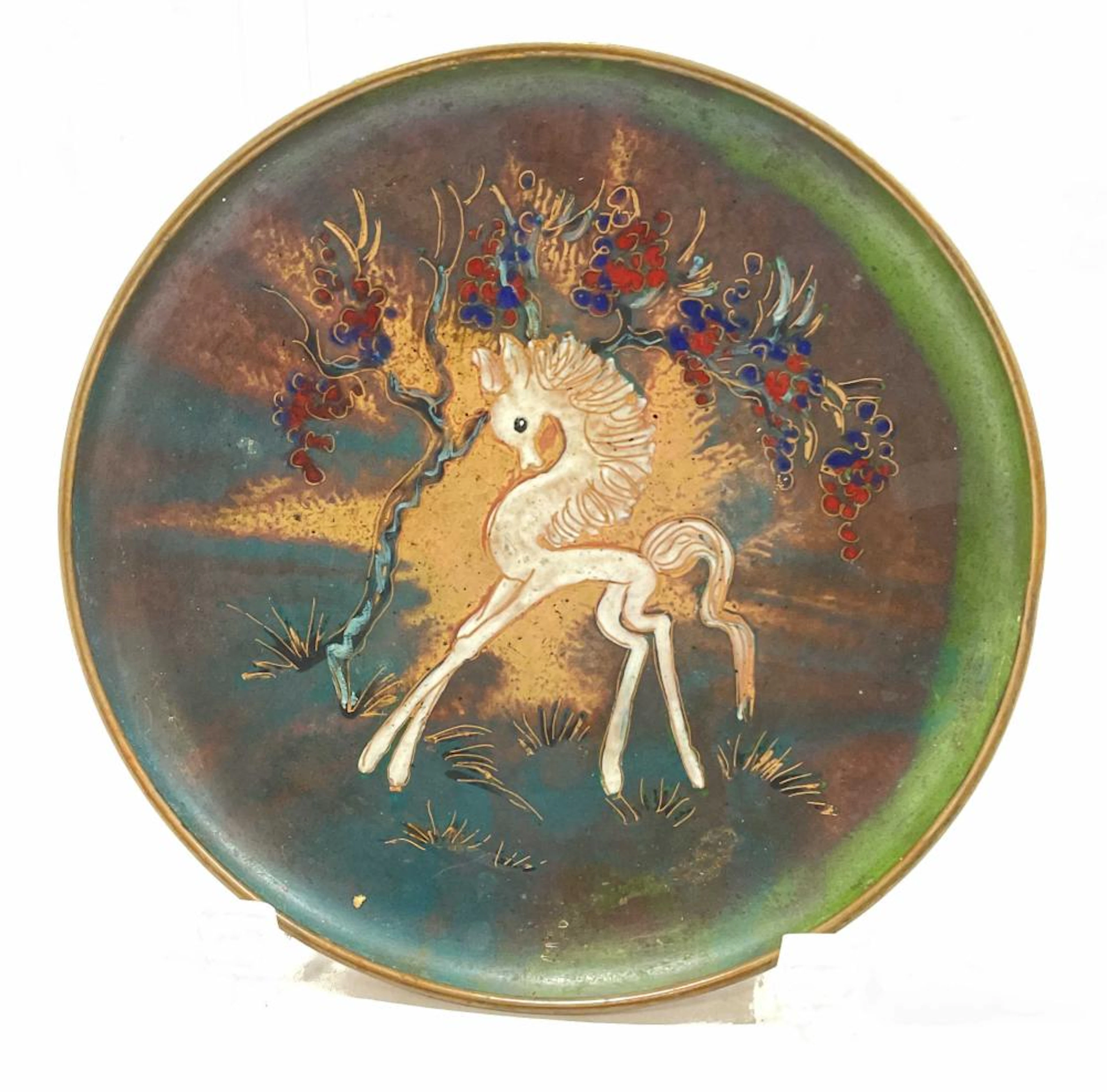 Copper Painted Plate W Horse Illustratio