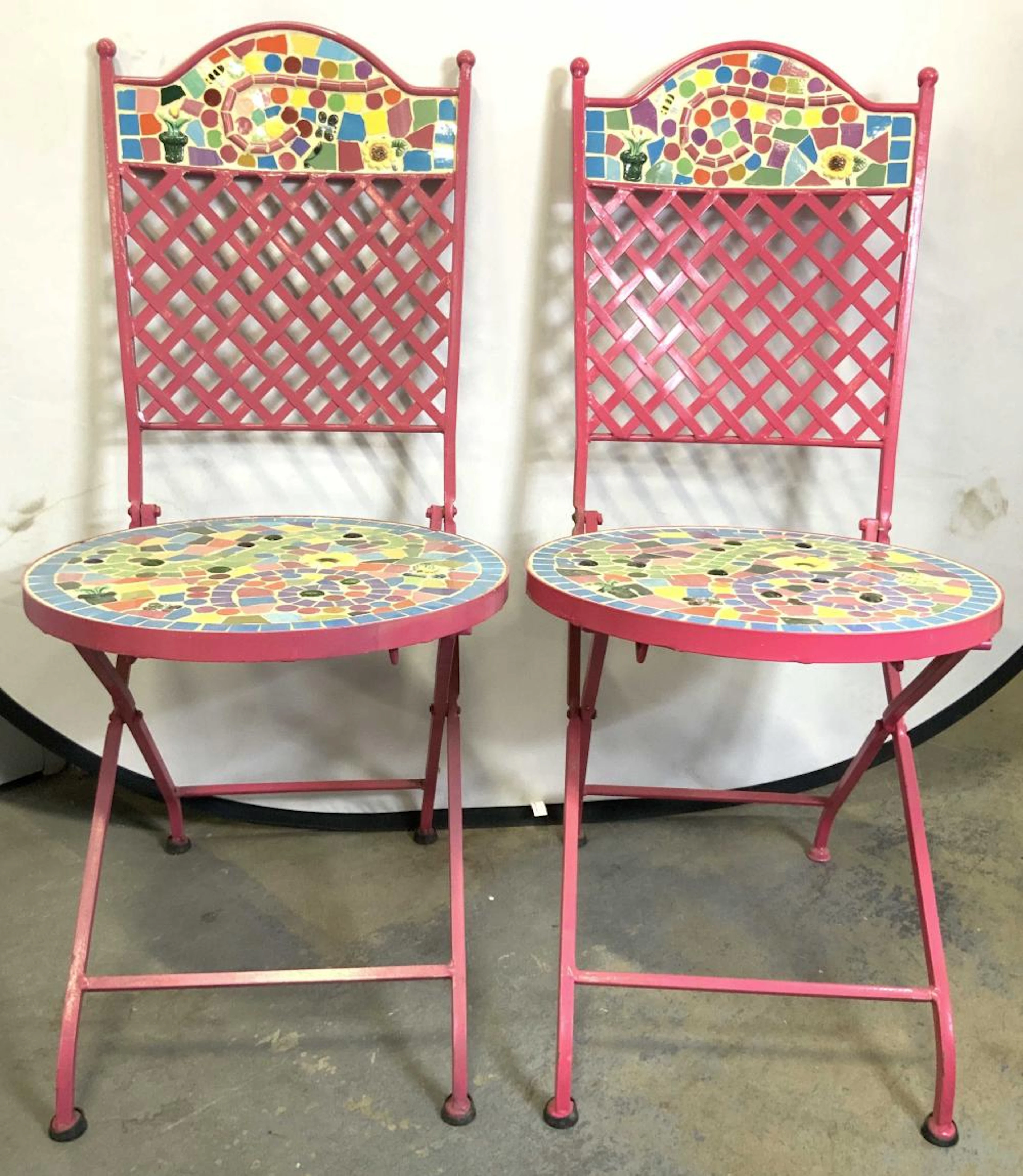 2 Vintage Painted Iron Mosaic Folding Chairs