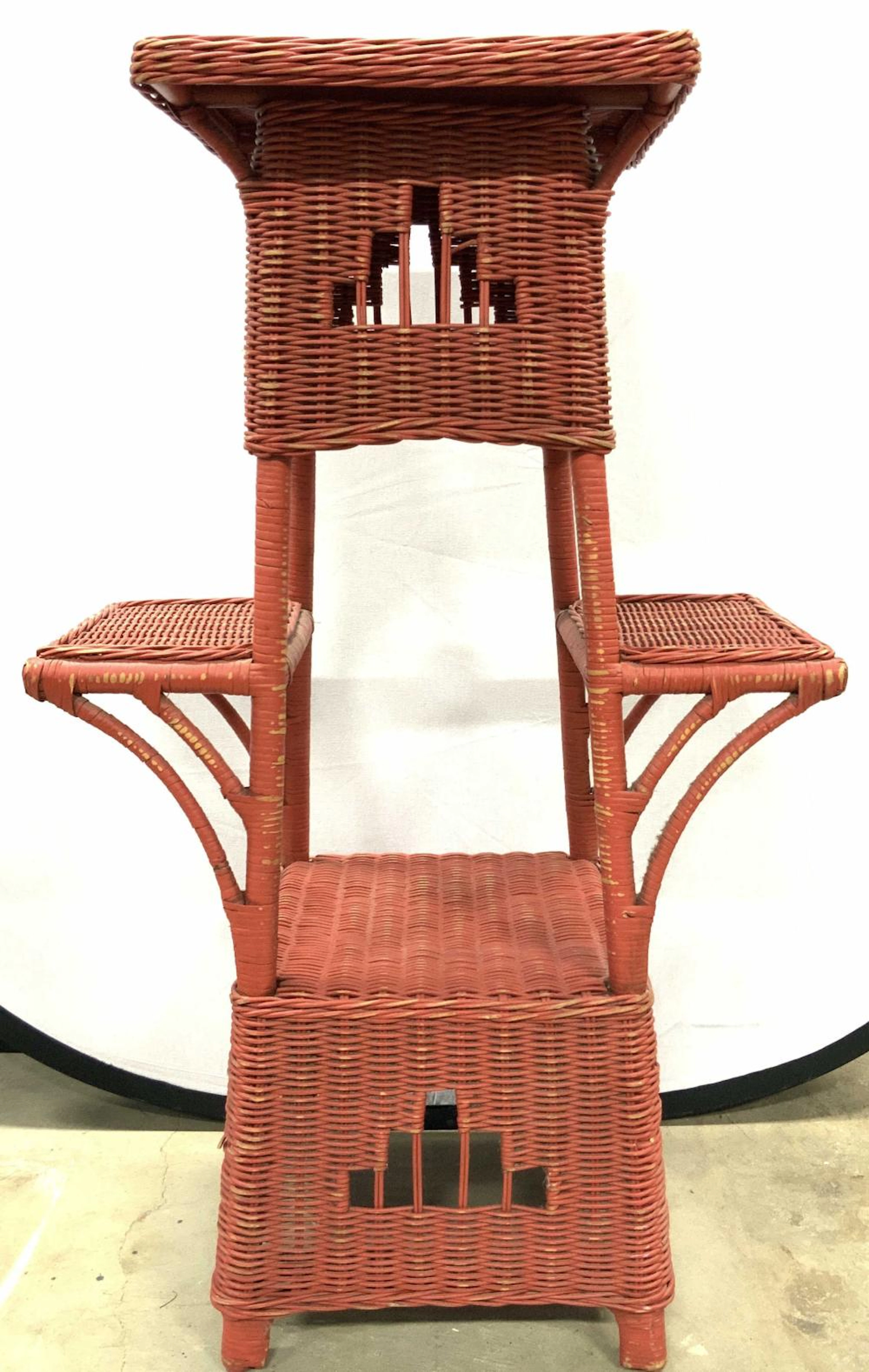Vintage Red Wicker Tiered Floor Stand