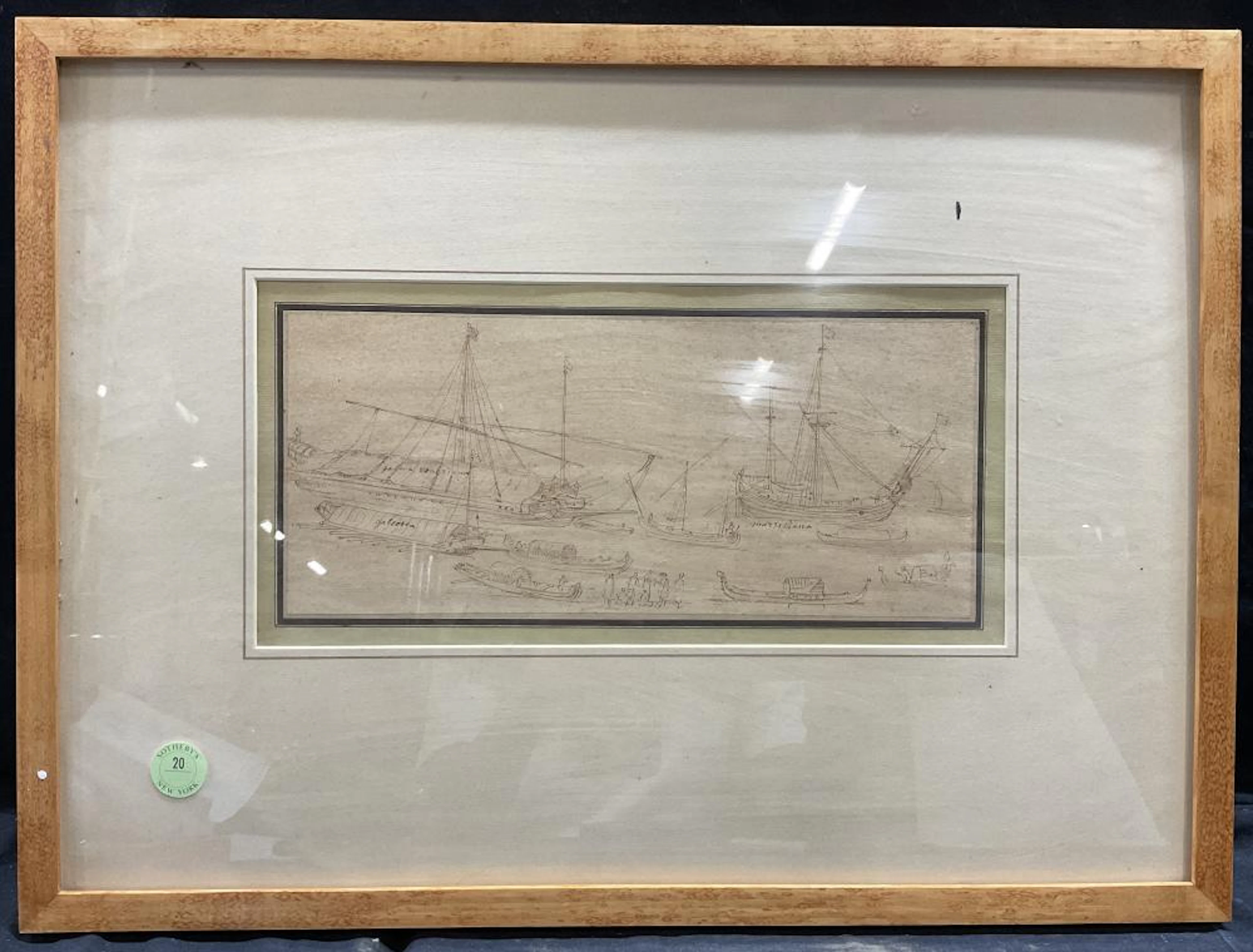 Antique Ink Drawing of Boats and Ships