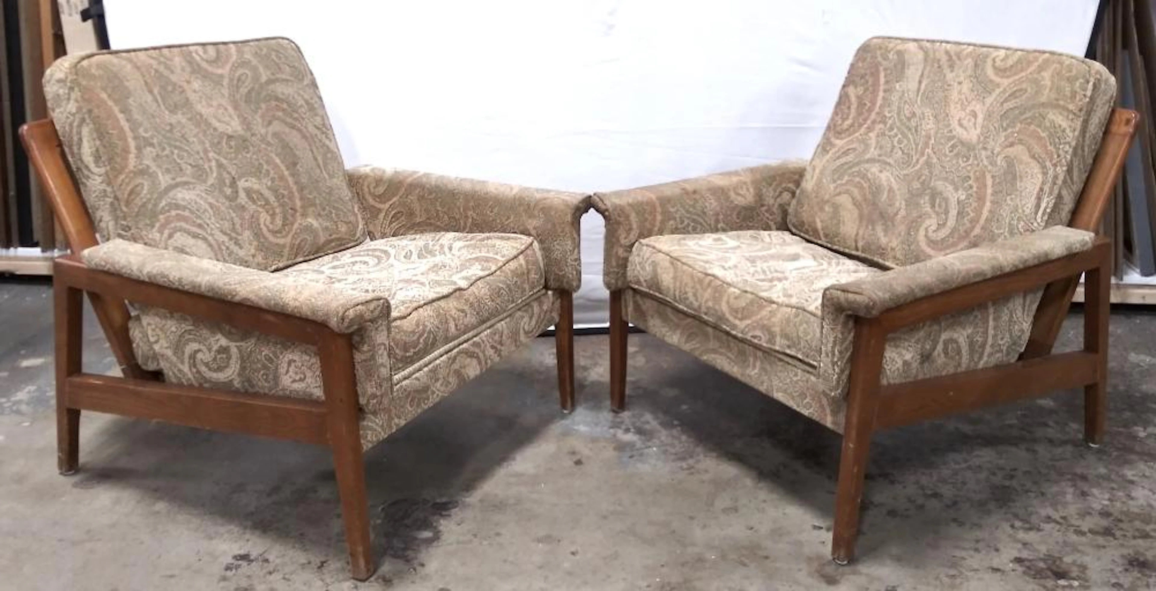 Pair MCM Wood Frame Upholstered Armchairs