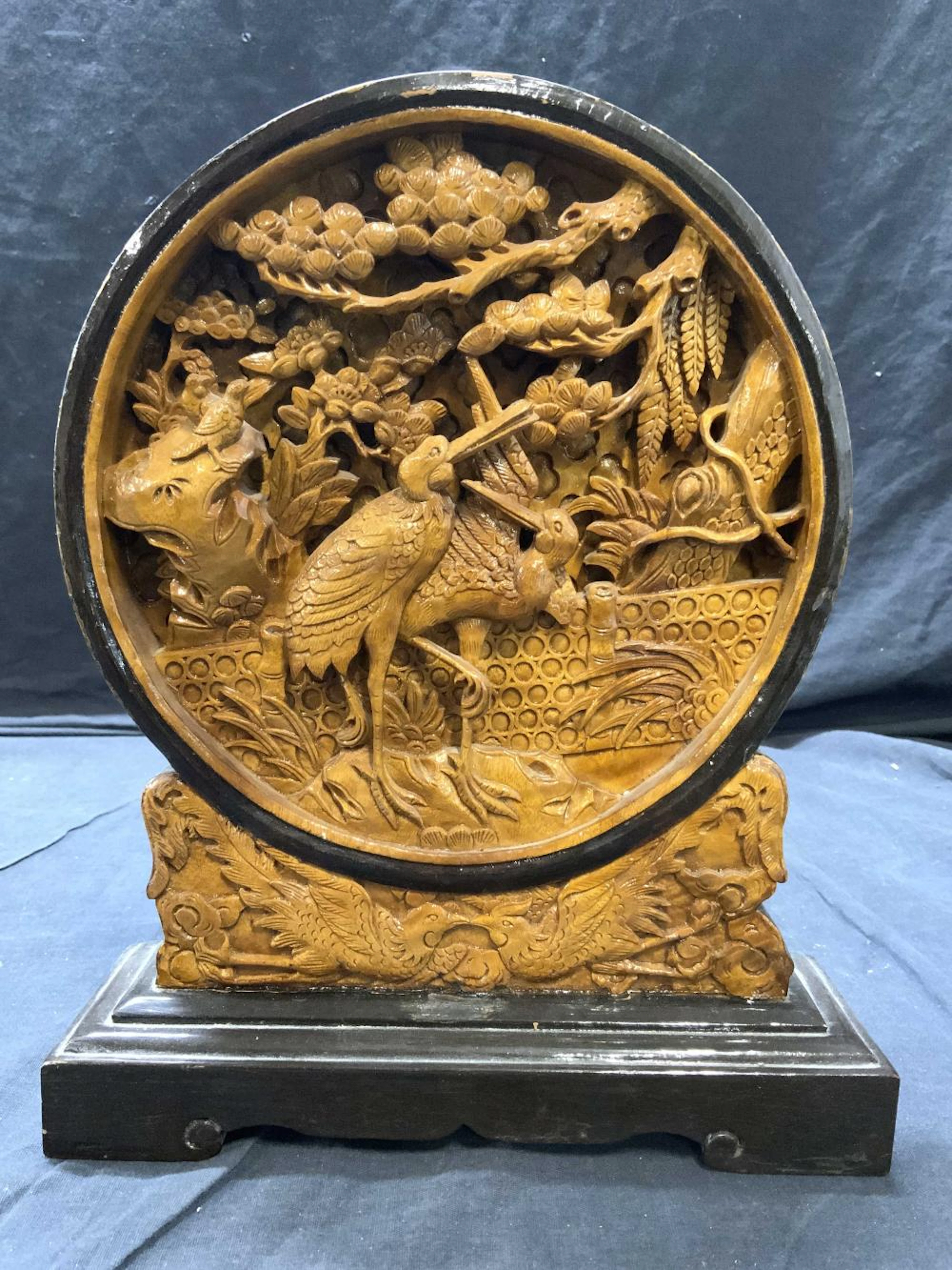 Vintage Asian Relief Sculpture Of Cranes