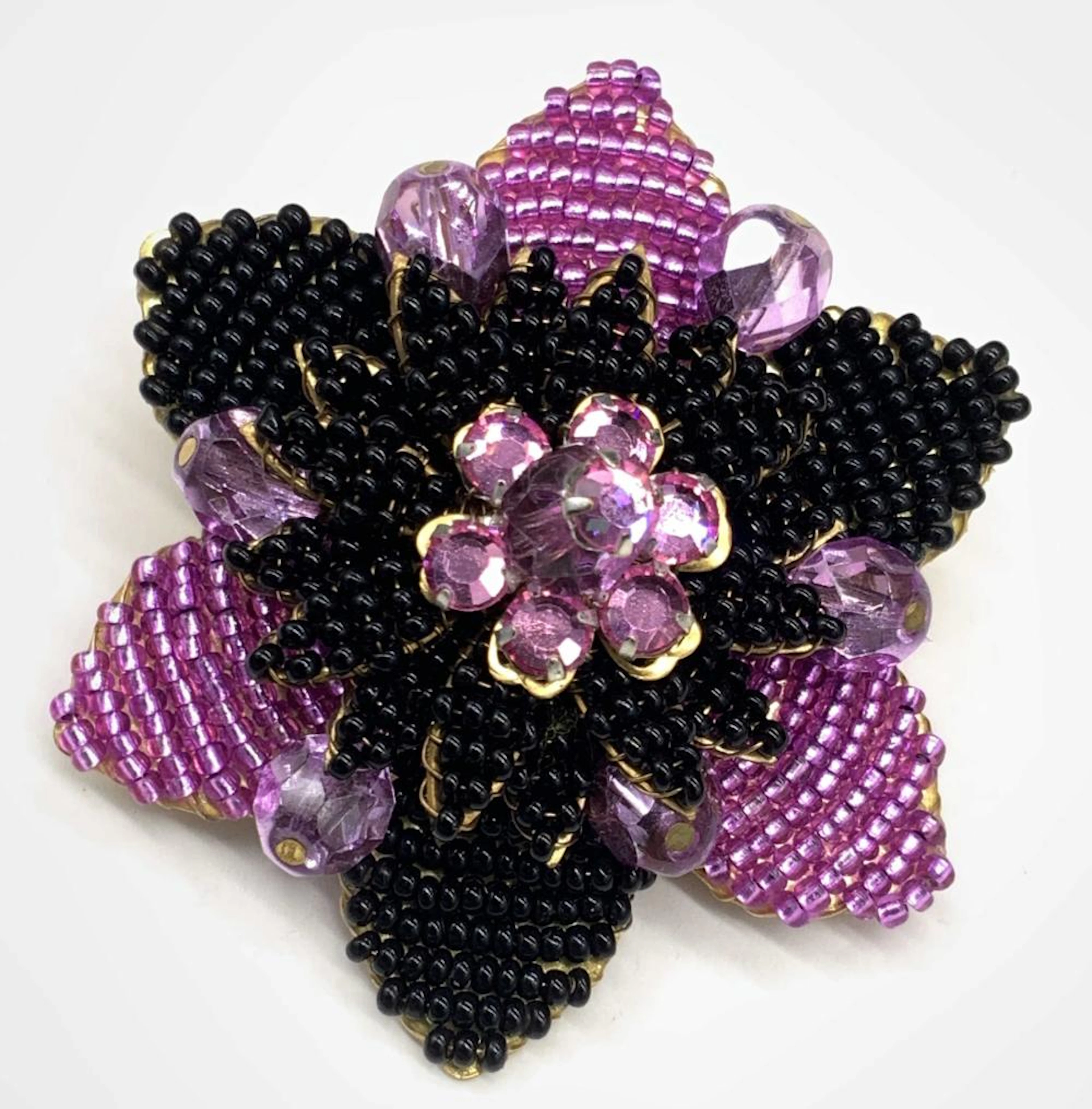 STANLEY HAGLER NYC Vntg Seed Bead Floral Brooch
